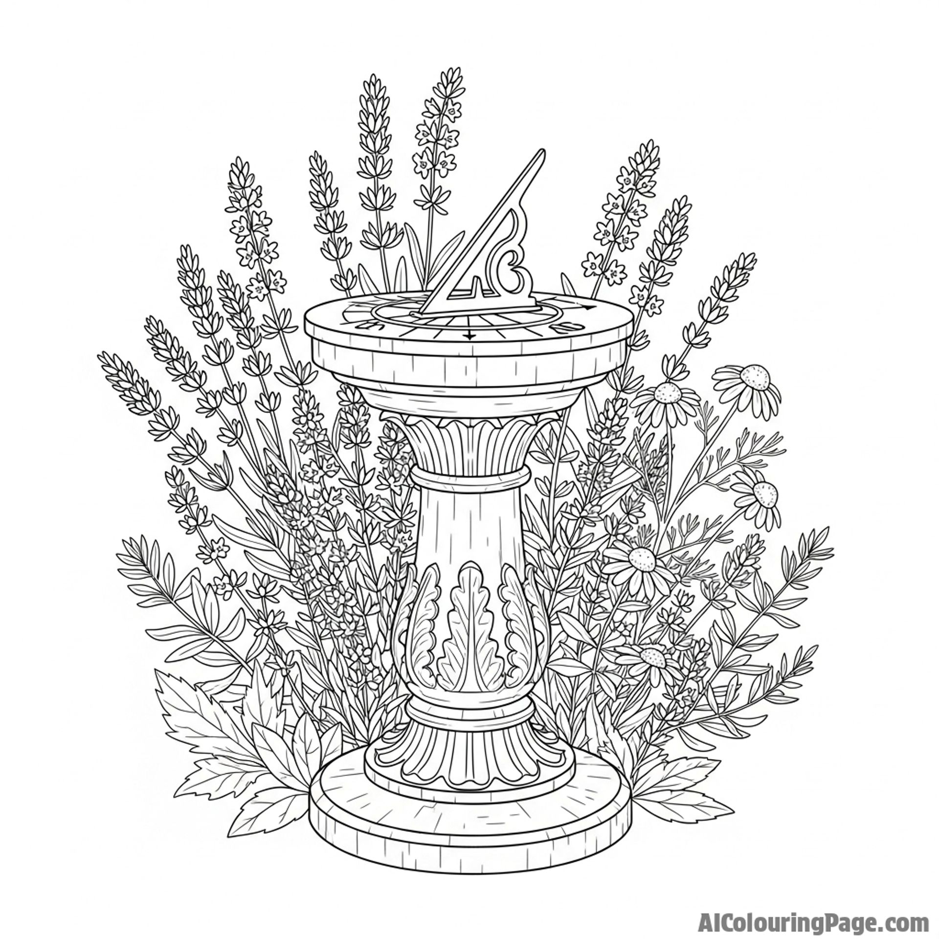 A sundial surrounded by blooming herbs.