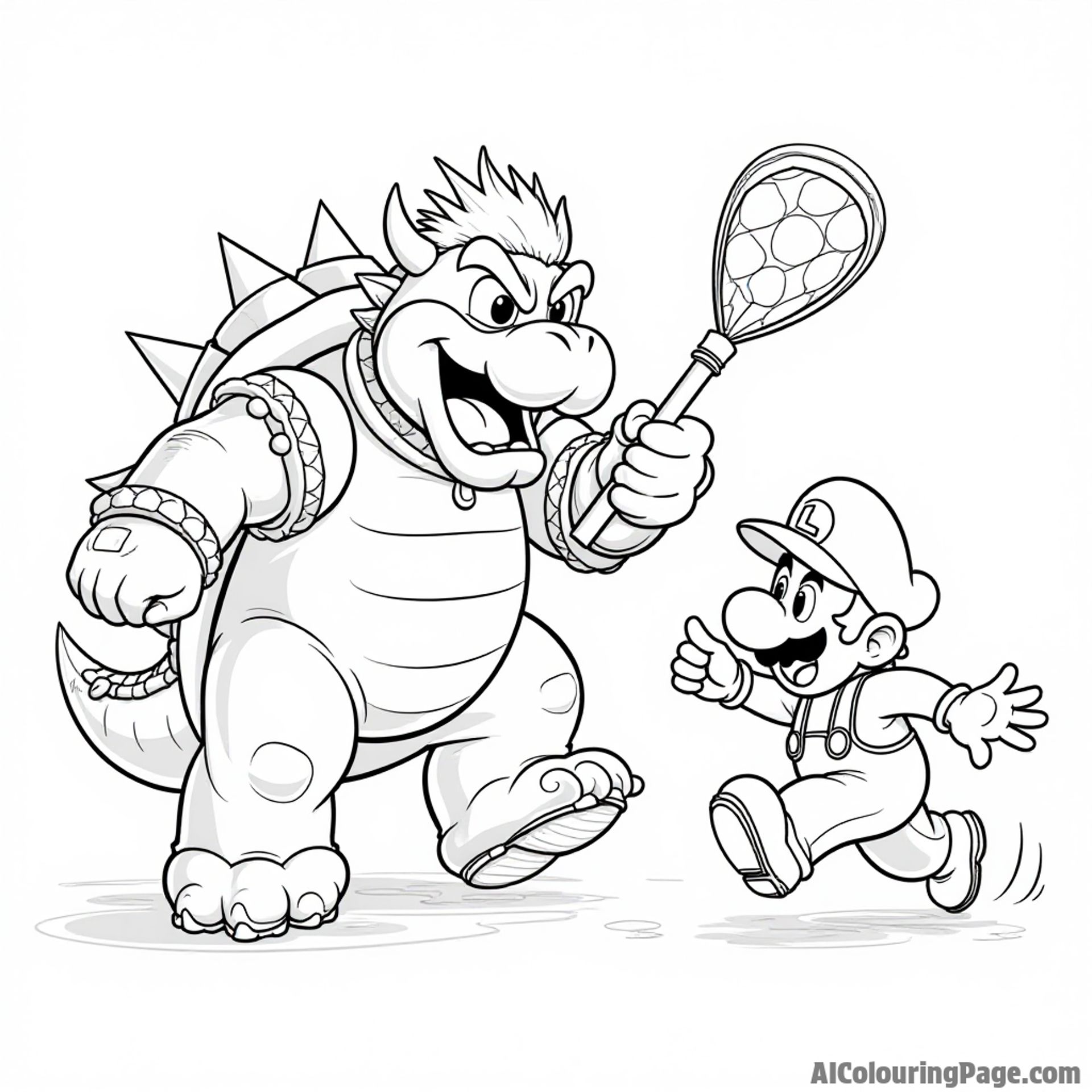 Bowser trying to catch Mario and Luigi with a net while they run away laughing.