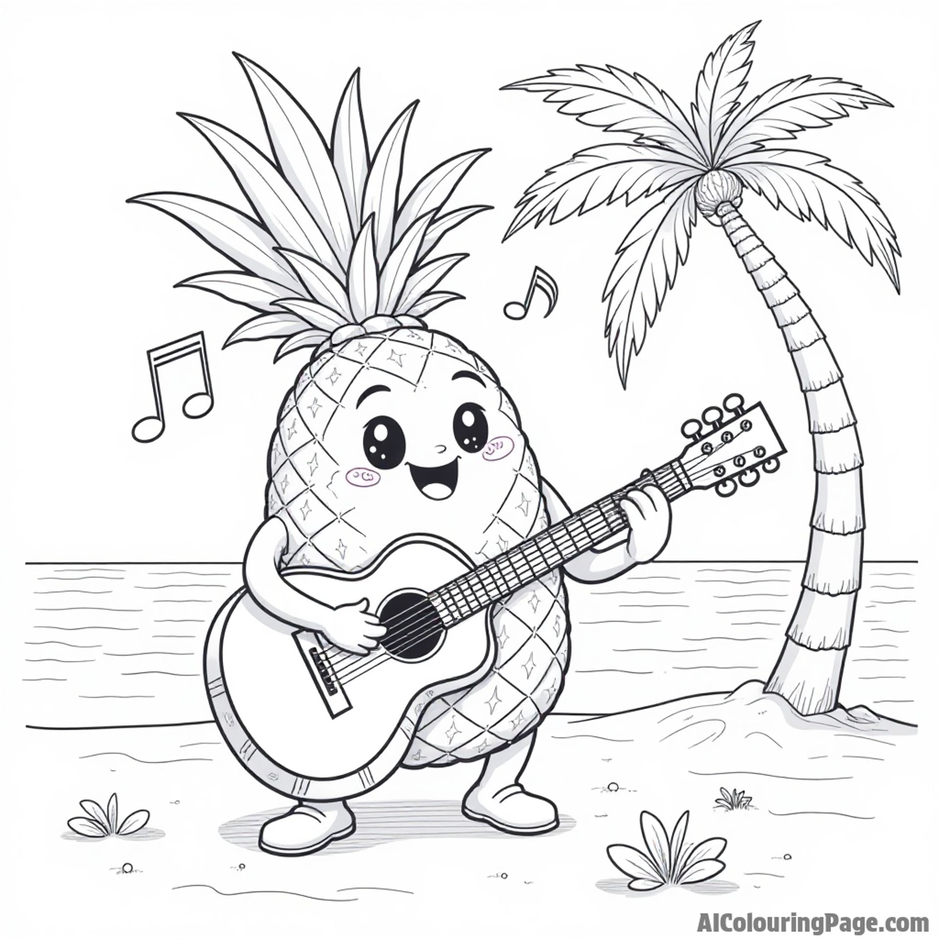 A silly pineapple playing a guitar, with musical notes floating around, under a palm tree on a tropical beach.