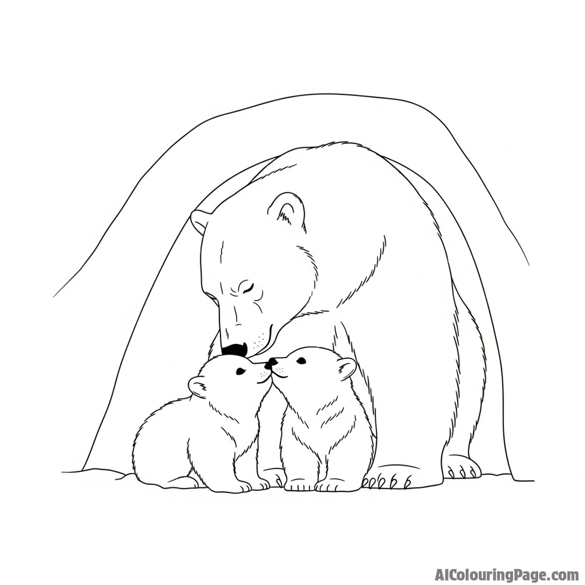 A mother polar bear nuzzling her two small cubs in a snow den.