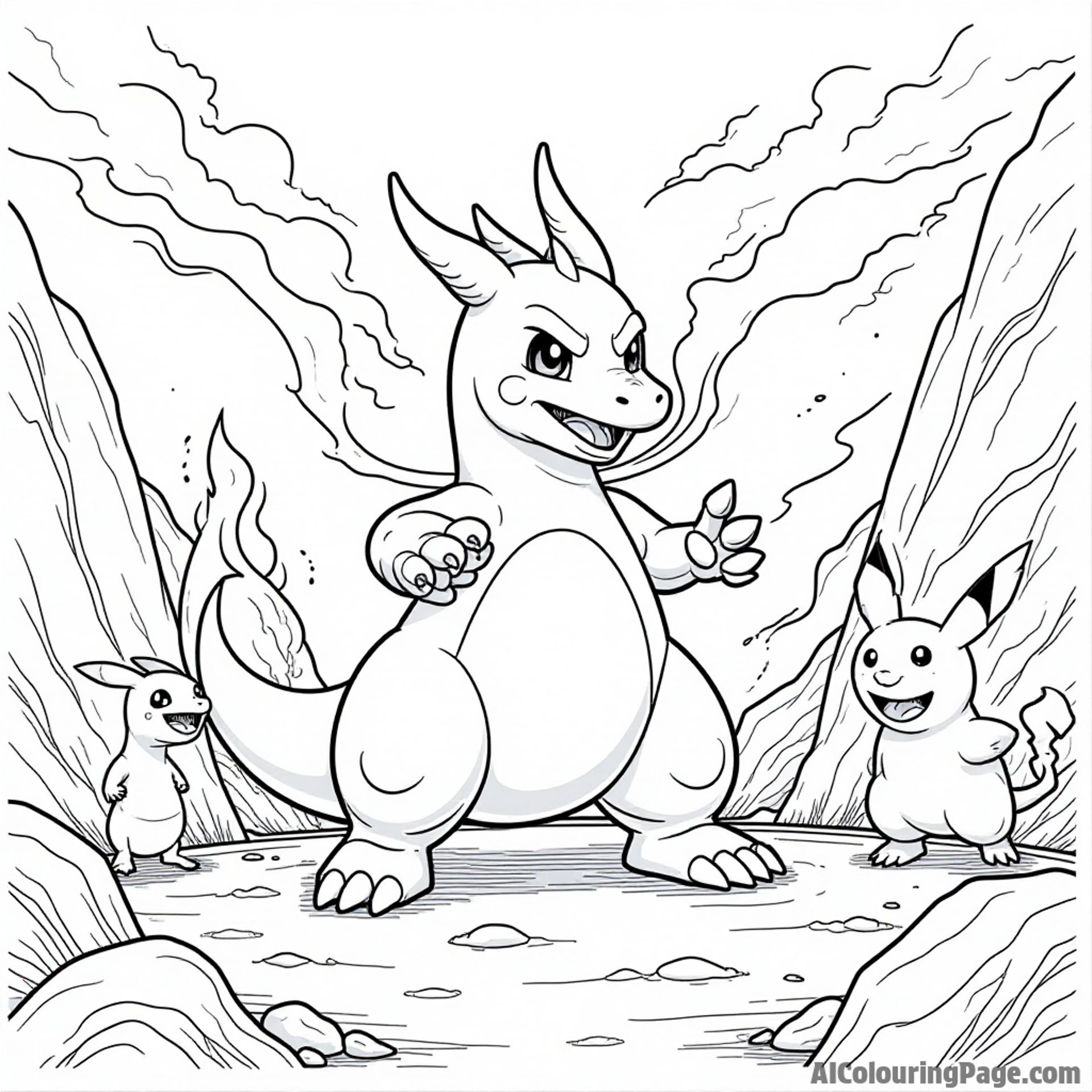 A fierce Typhlosion breathing fire in a rocky arena with cheering Pokémon surrounding it and a trophy nearby.