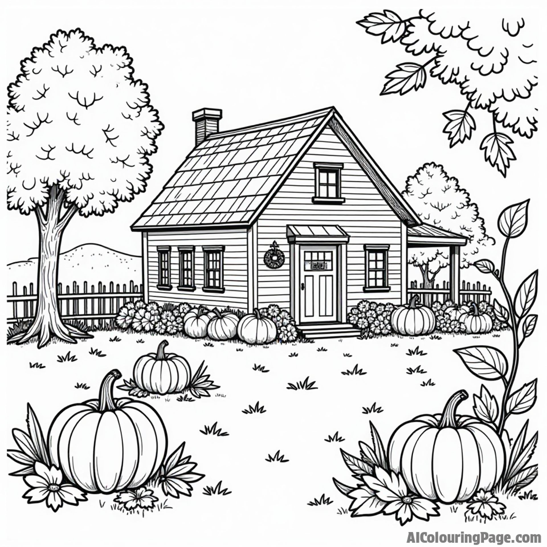 A cozy farmhouse with a pumpkin patch, fall leaves, and a friendly scarecrow, celebrating Massachusetts agriculture for coloring joy.