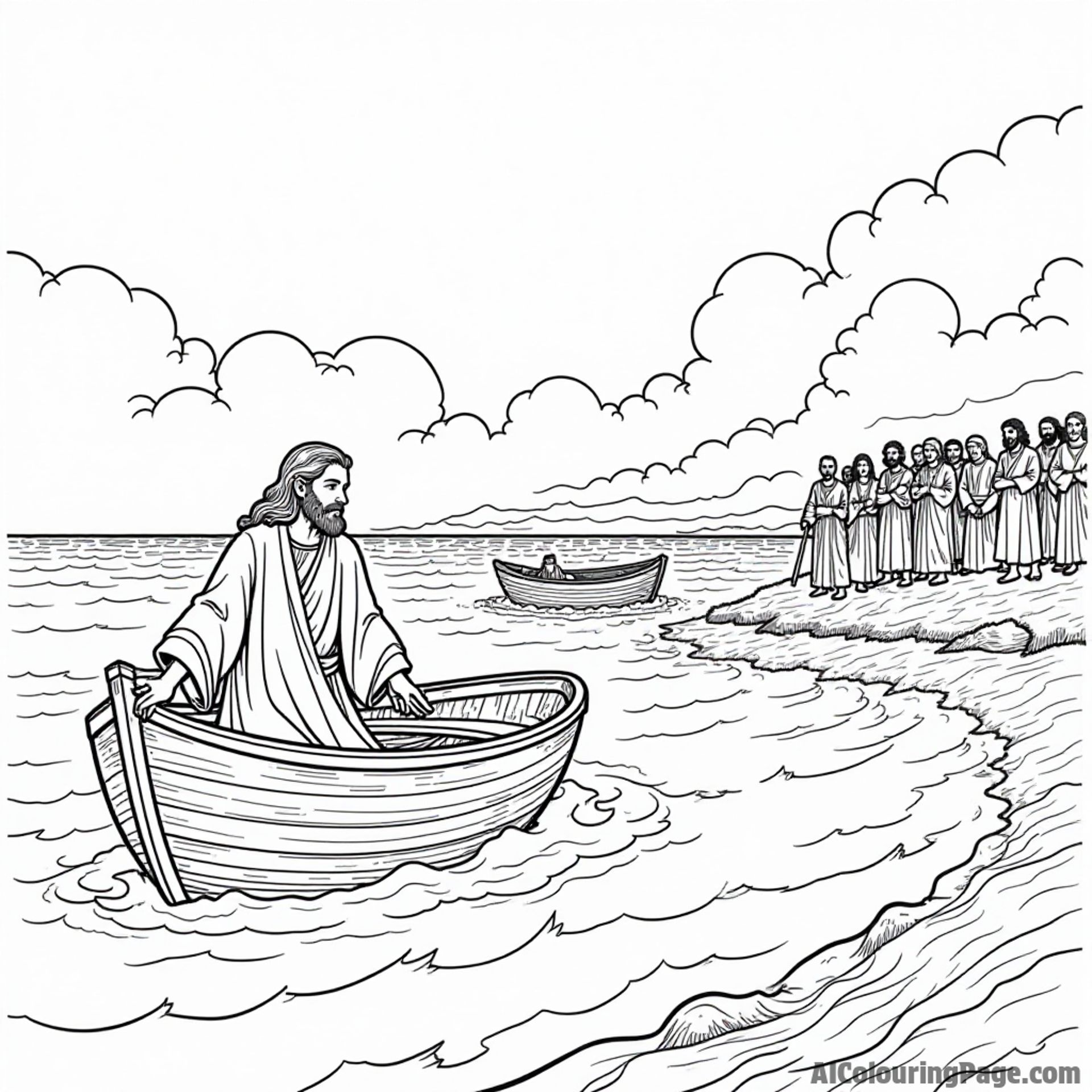 A scene of Jesus calming the storm, with boats on turbulent waters and amazed disciples watching in the background.