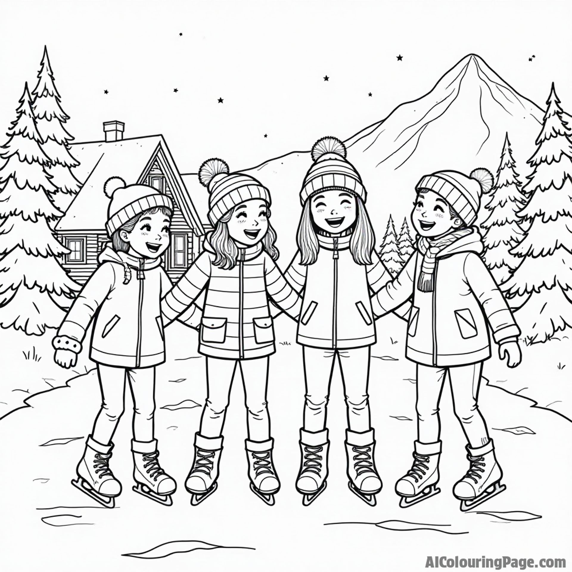 A group of friends ice skating together, laughing and having fun, with a cozy cabin in the background and snow-covered mountains, perfect for kids to color and enjoy winter sports.