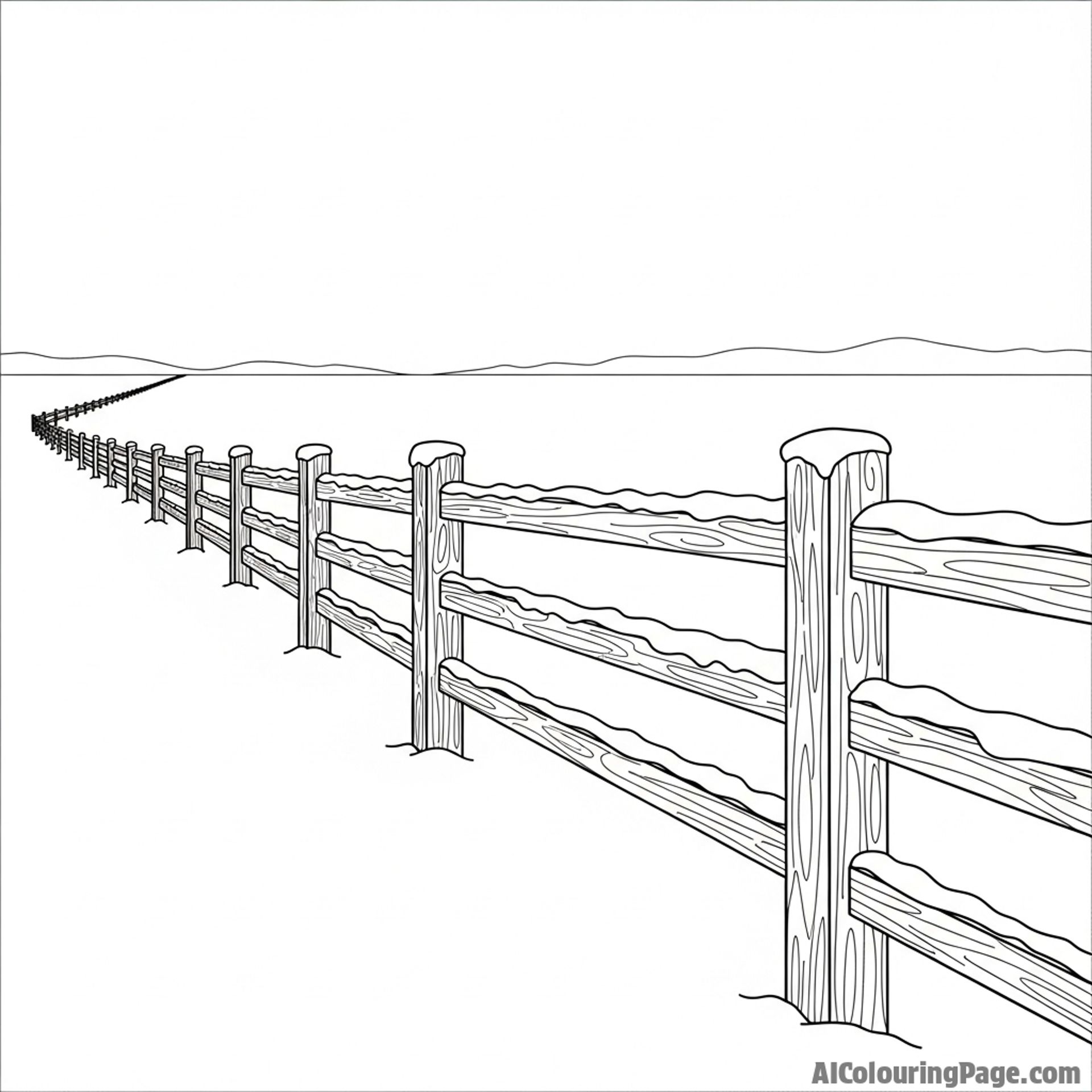 Snow-covered fence line disappearing into the distance, leading to an unknown destination.