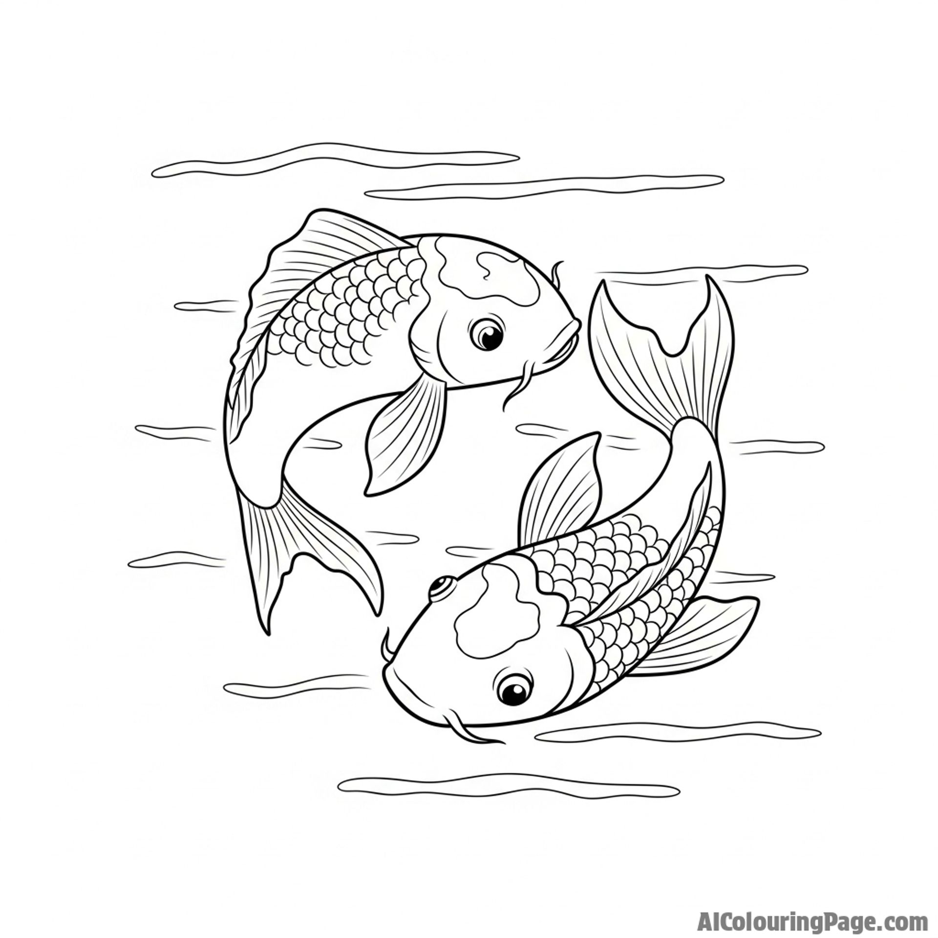 Two koi gracefully circling each other in an underwater courtship dance.
