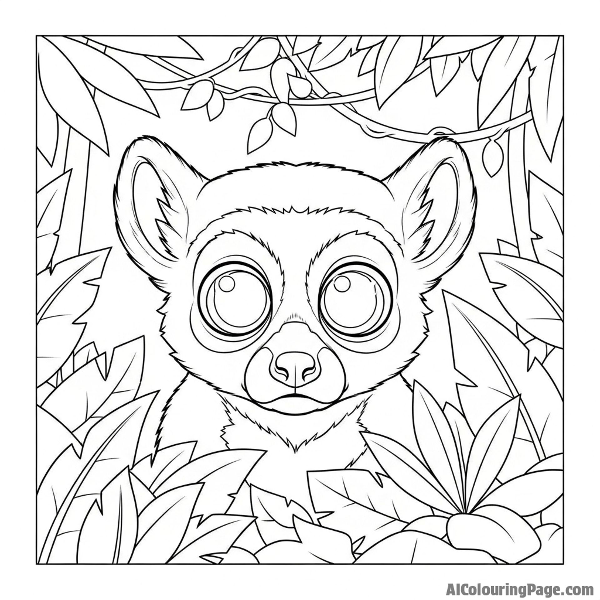 A lemur with large, luminous eyes, staring out from the darkness of the jungle