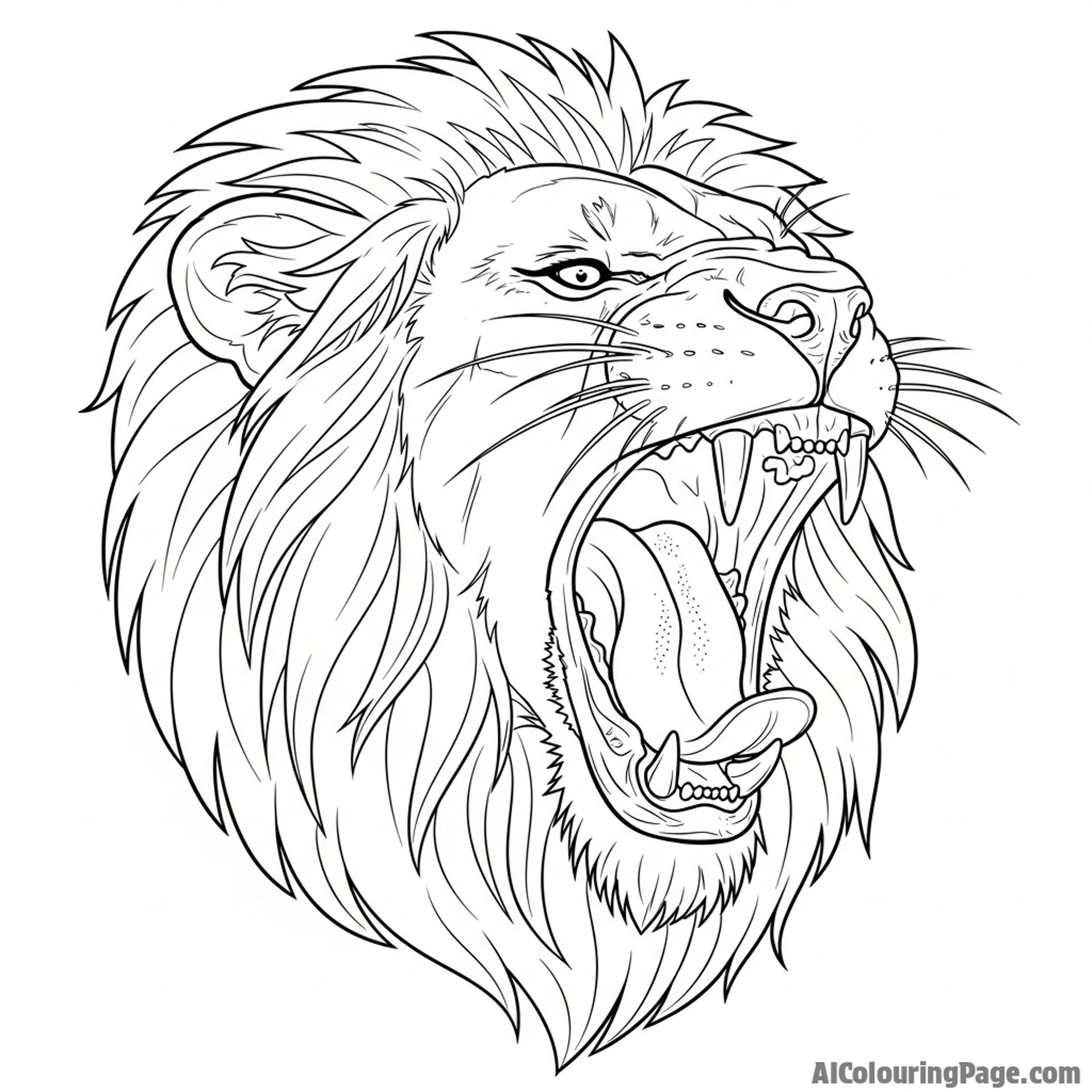 A lion yawning widely, revealing its formidable teeth and tongue.