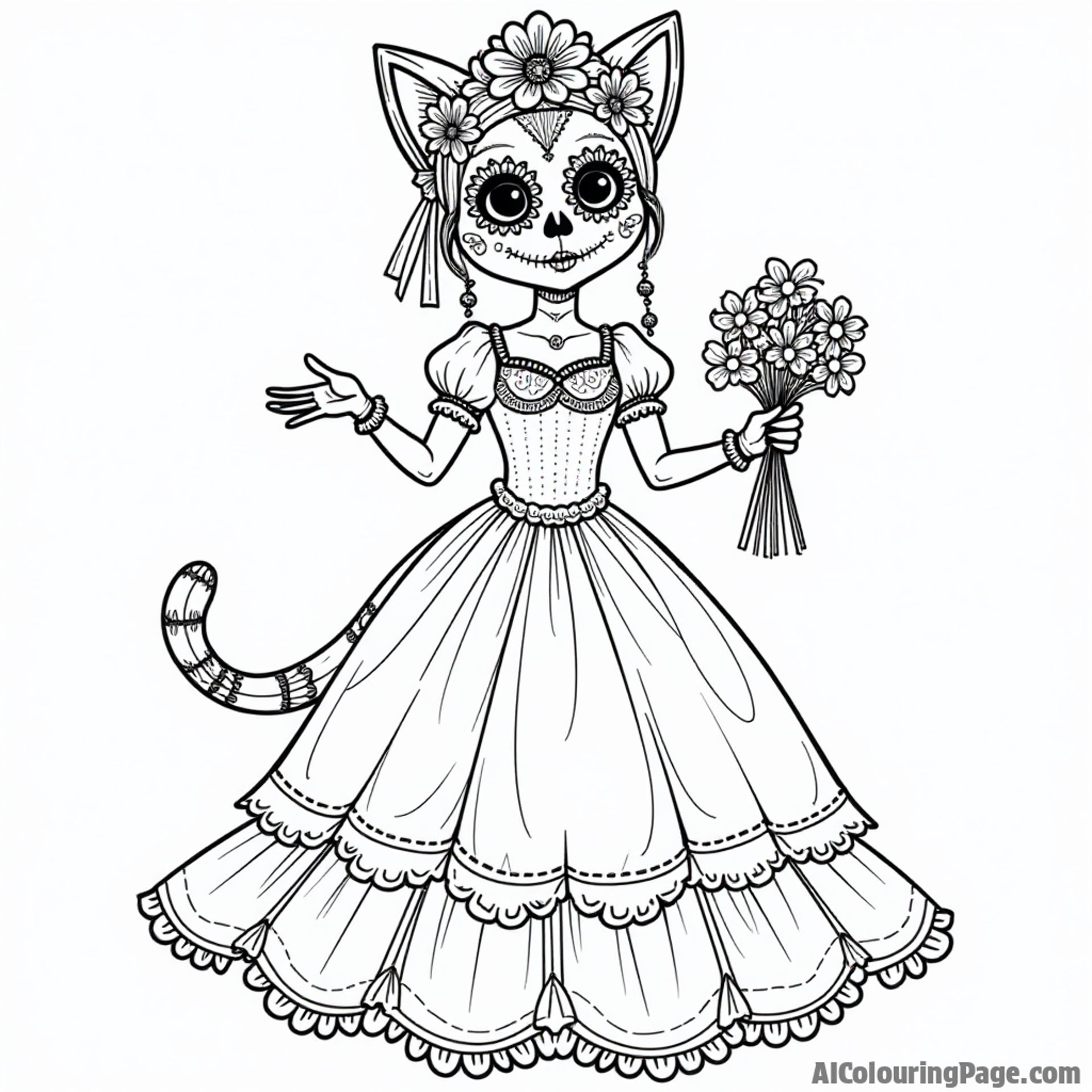 A whimsical catrina figure dressed in a beautiful dress with lace details, holding a bouquet of flowers, representing the Day of the Dead festivities for a fun coloring page.