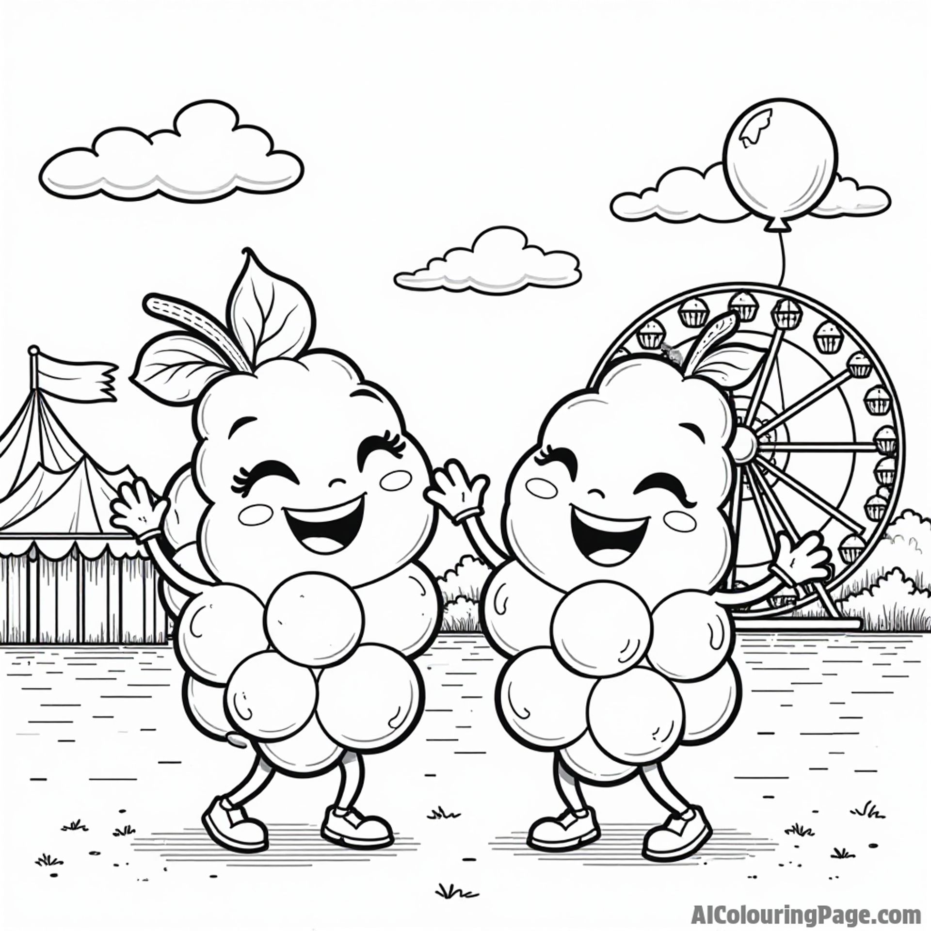 A cute grape bunch having fun at a carnival, with balloons and a Ferris wheel in the distance.