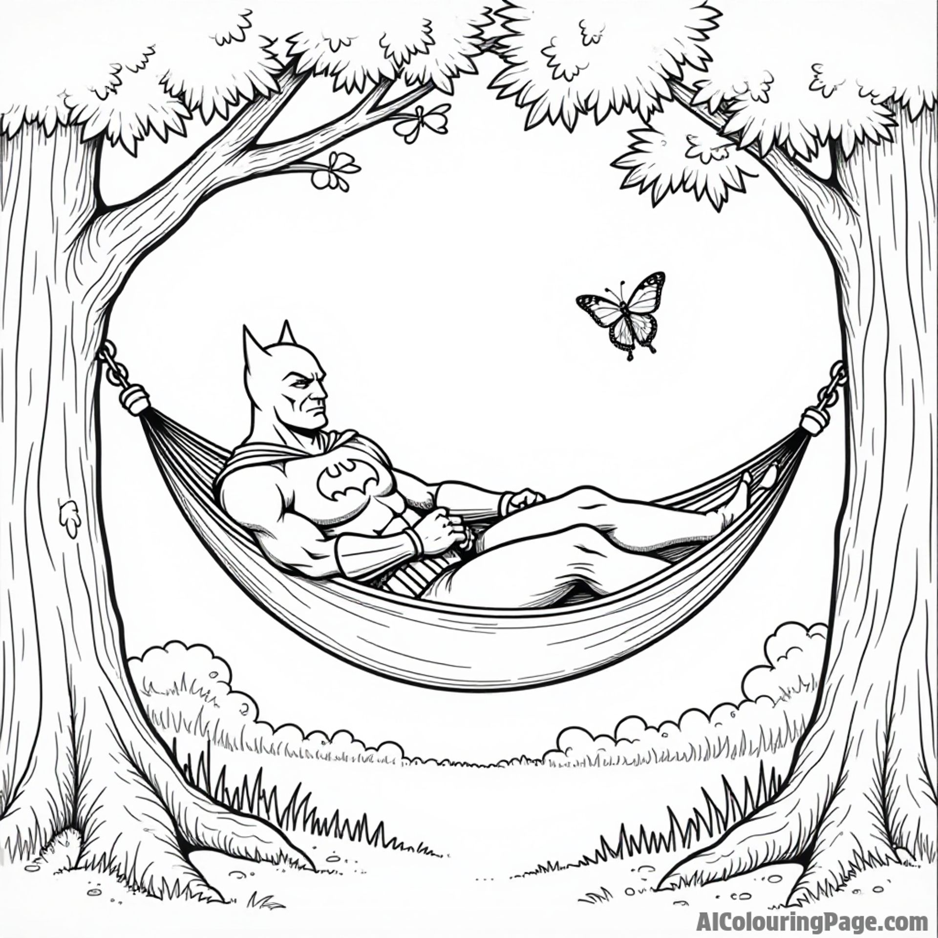 Batman relaxing in a hammock between two trees, surrounded by nature, with birds and butterflies fluttering around.