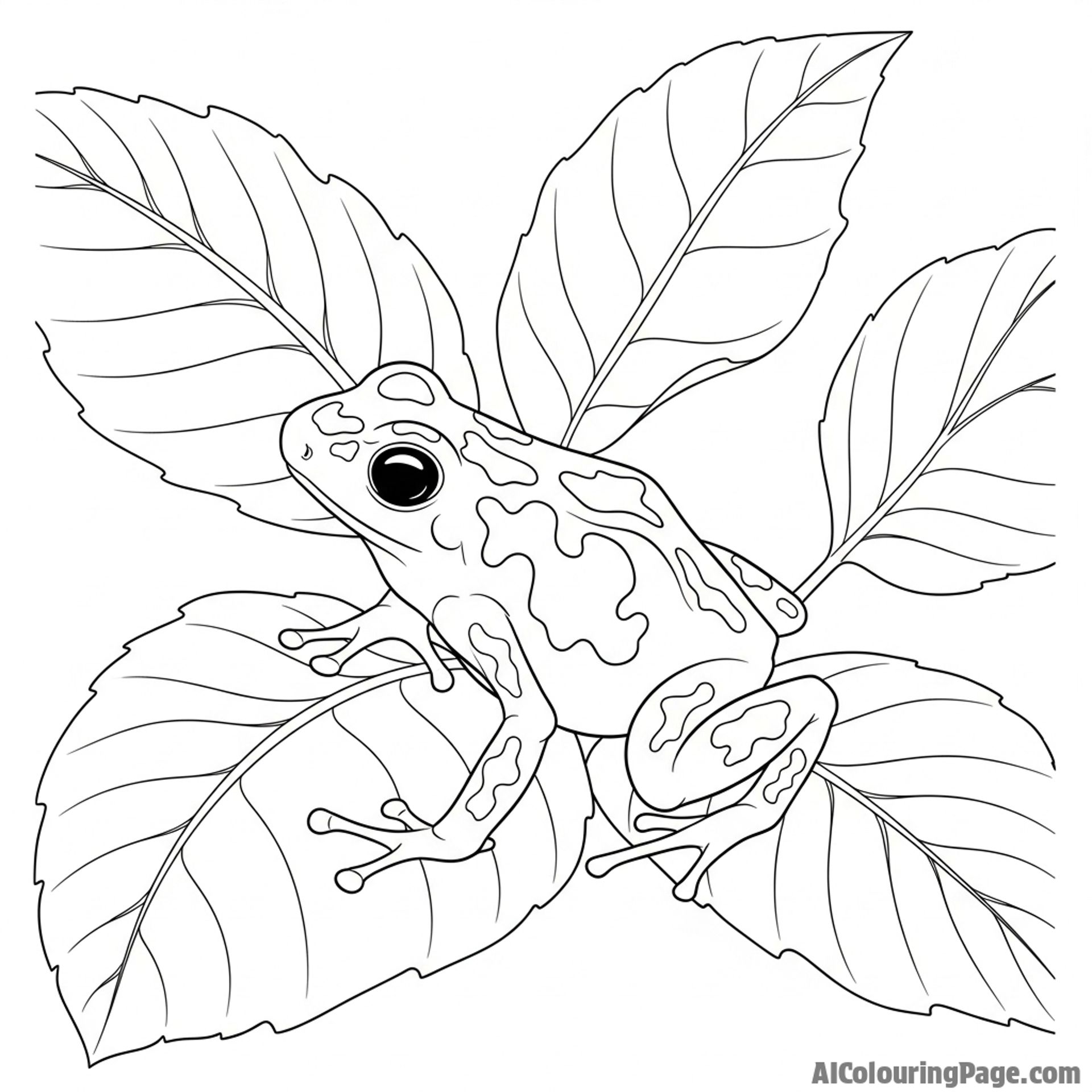 A poison dart frog camouflaged among the leaves, a warning sign of toxicity.