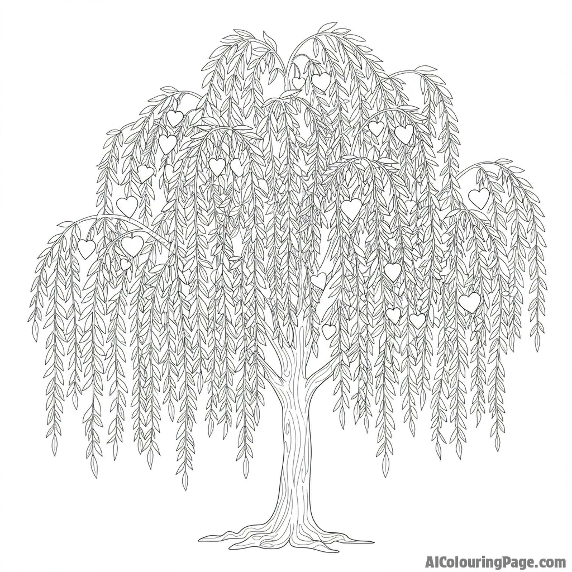 A weeping willow tree with heart-shaped leaves.