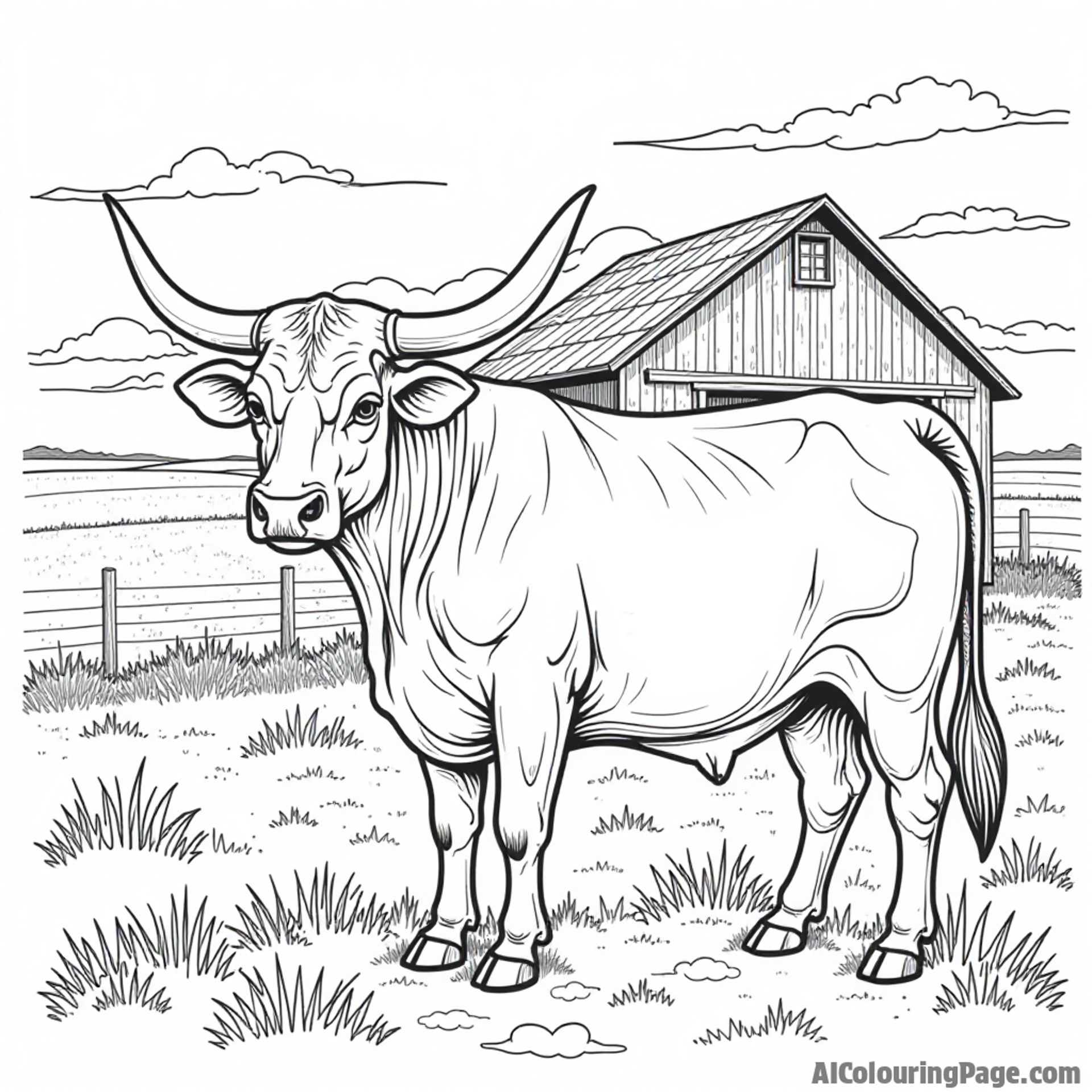 A Texas longhorn bull standing proudly next to a rustic barn, with a sunset in the background for coloring excitement.