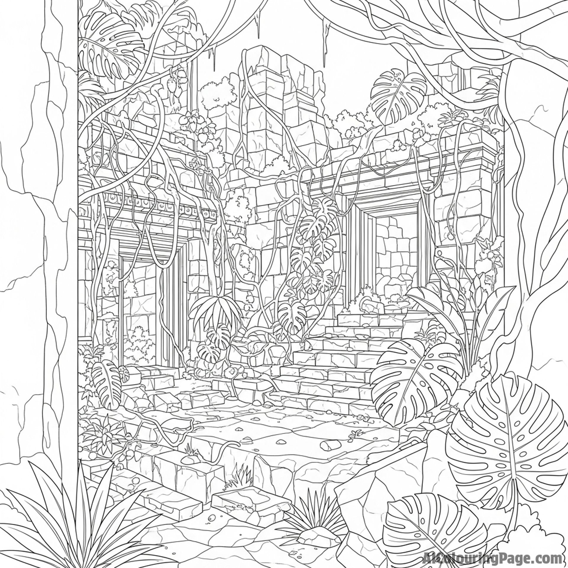 Ancient ruins overgrown with tropical foliage.