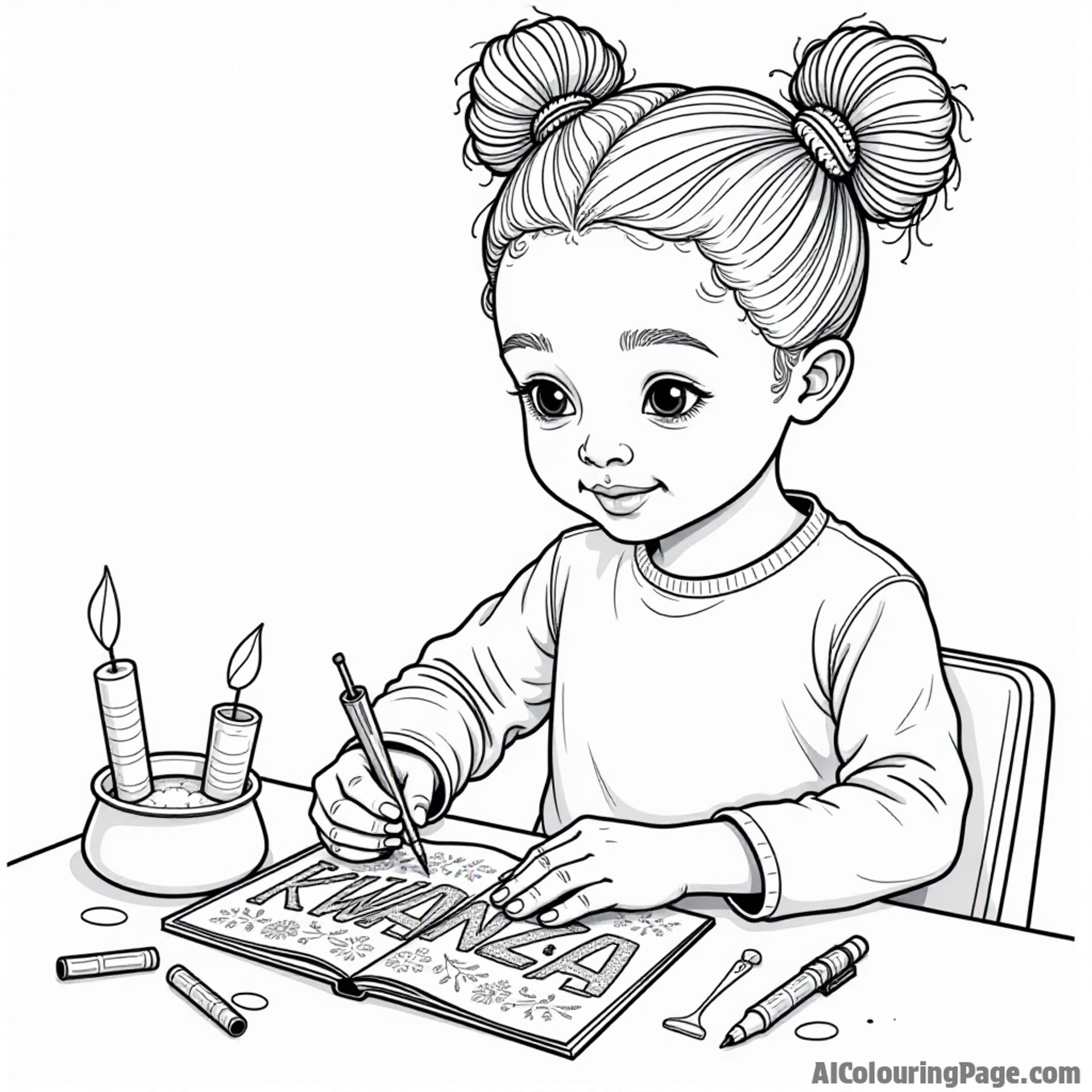 An illustration of a child crafting a handmade Kwanzaa greeting card with vibrant designs, showcasing creativity and cultural appreciation, perfect for a black and white coloring book page.
