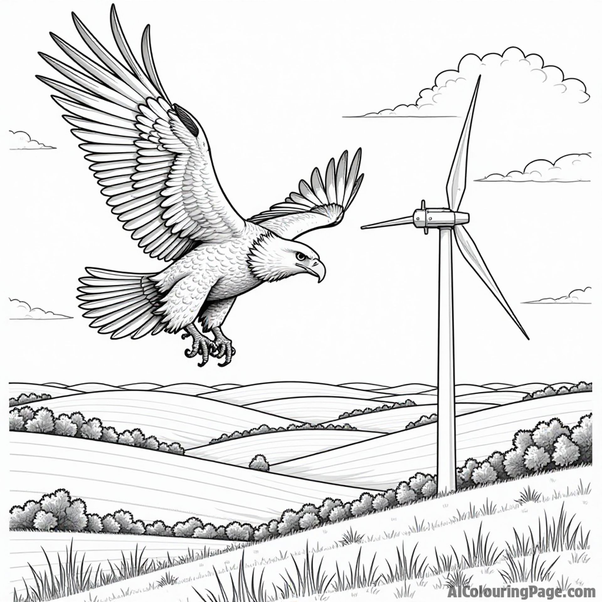 A majestic bald eagle soaring over a wind turbine, with rolling hills and a clear sky in Iowa landscape.