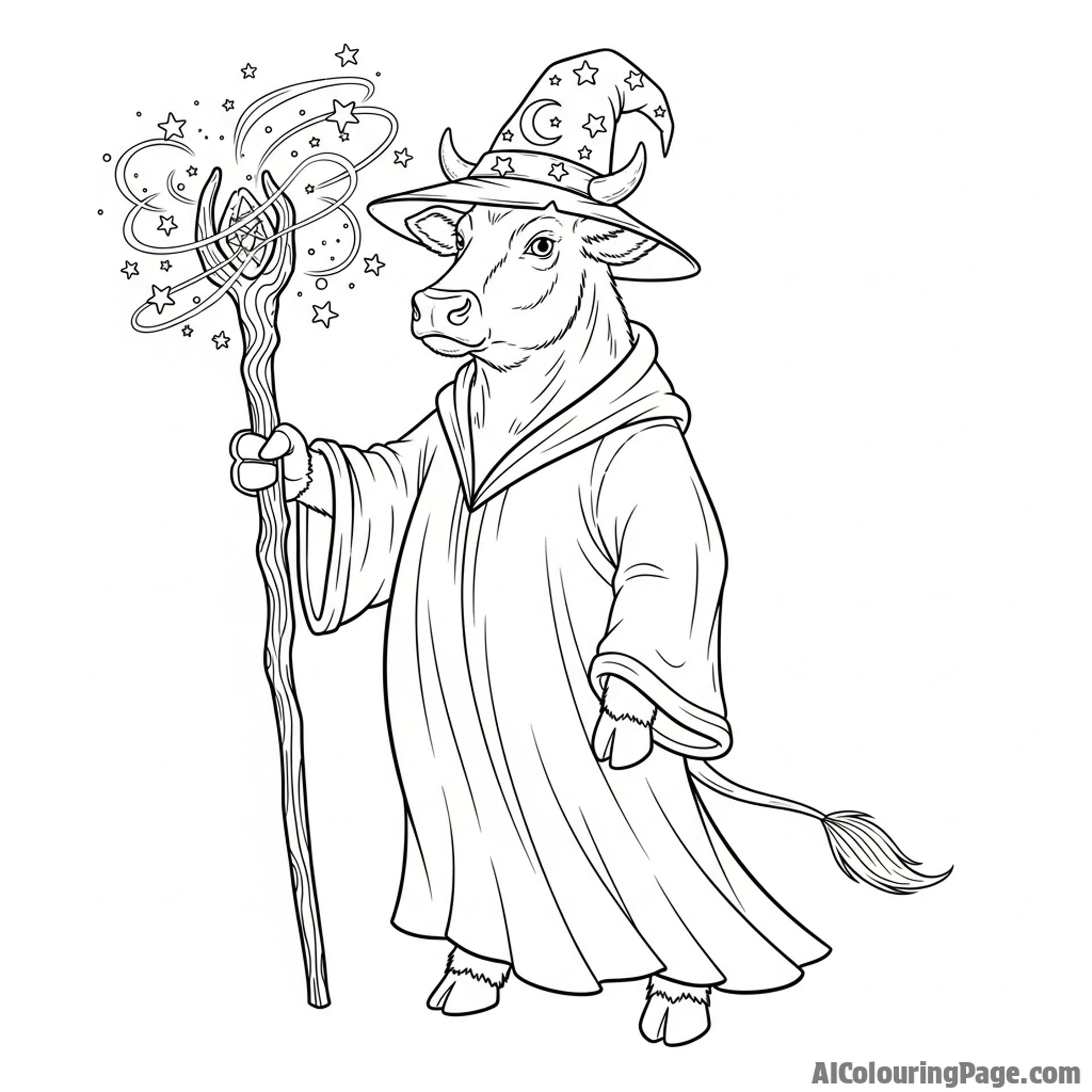 A cow as a powerful wizard, with a gnarled wooden staff casting a luminous spell.