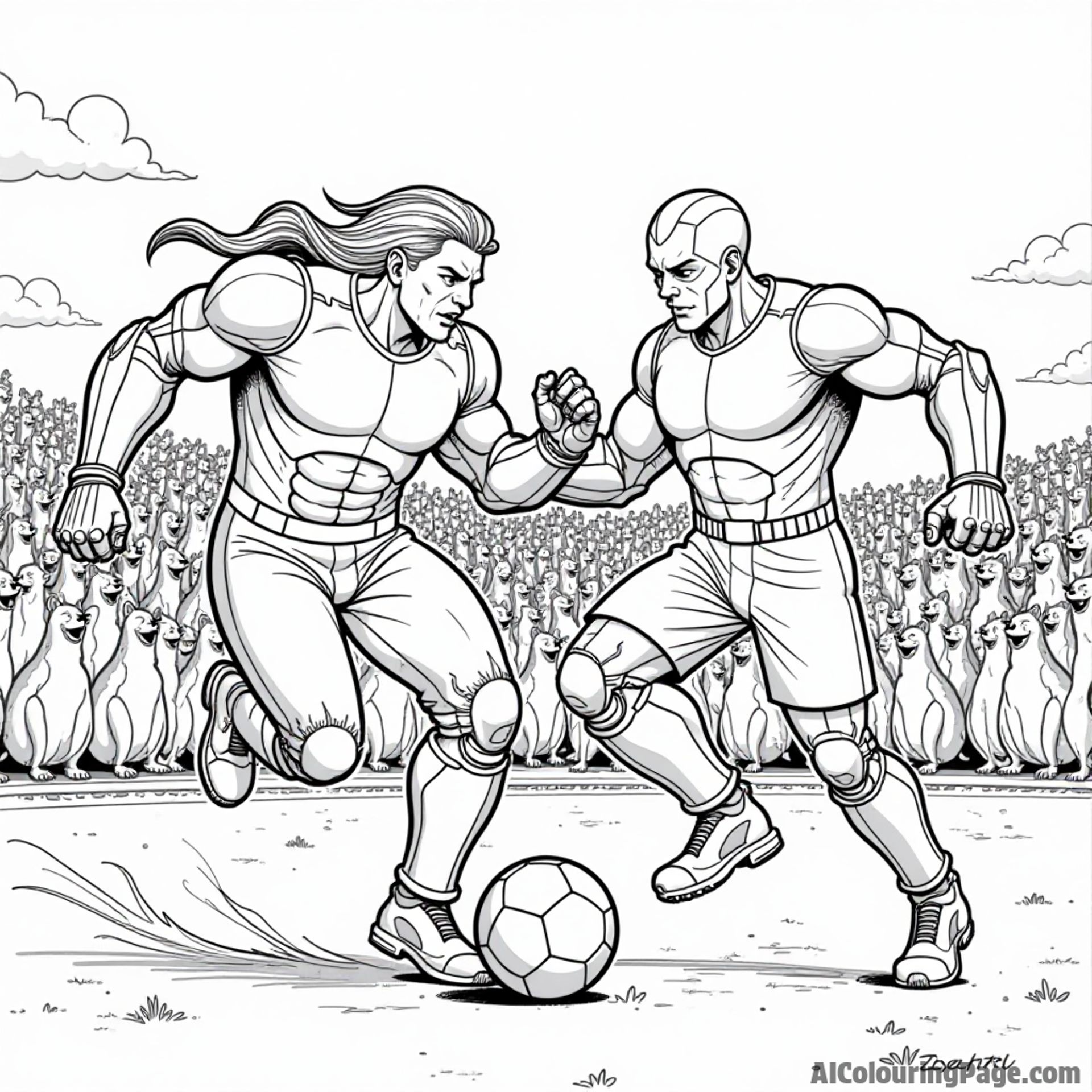 Beast Boy and Cyborg playing soccer, the ball flying through the air, with an excited crowd of animals watching the game.
