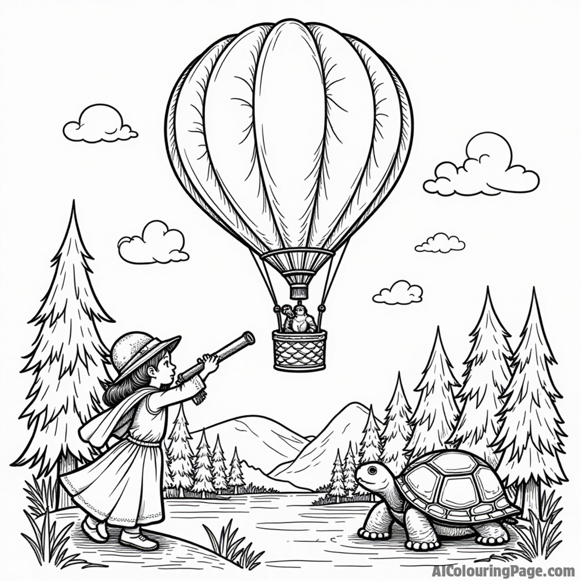 A magical hot air balloon rising above a colorful forest, with a brave girl holding a telescope and a wise old turtle floating nearby, inviting creative coloring adventures.