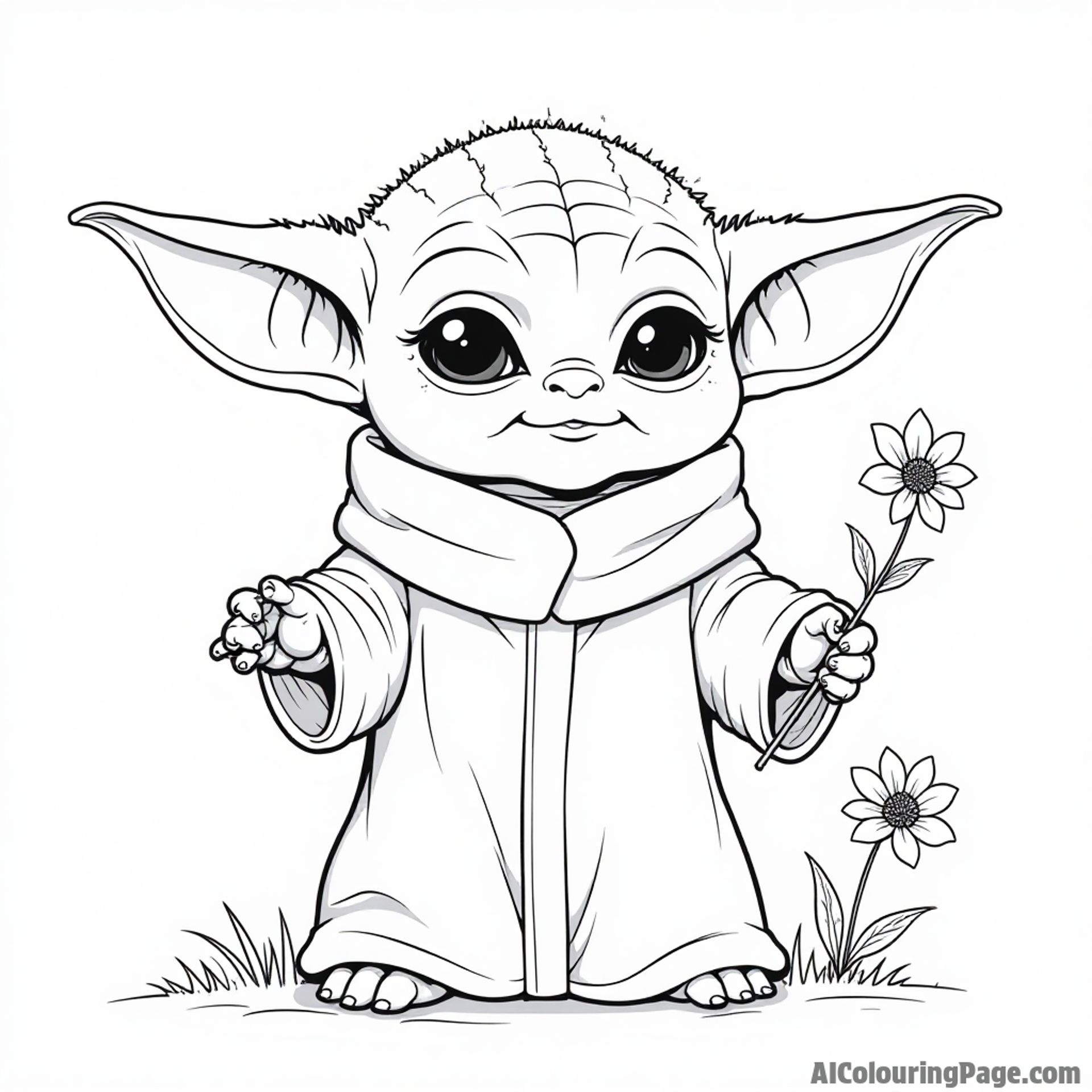 Baby Yoda practicing the Force with a tiny flower floating in the air next to him