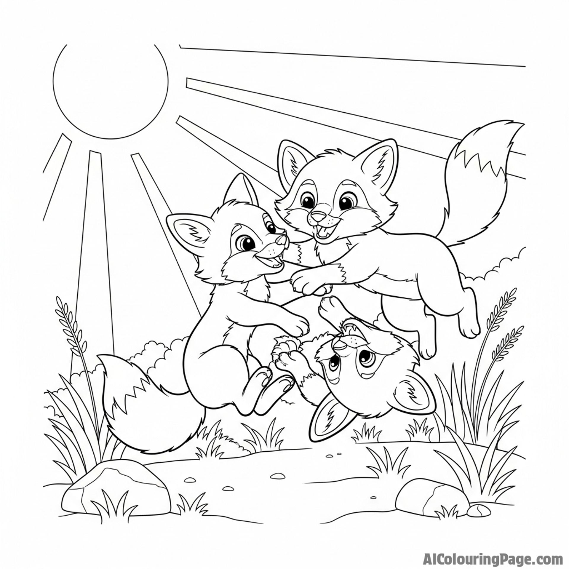 Two fox kits play-fighting, tumbling over each other in a sunlit meadow.