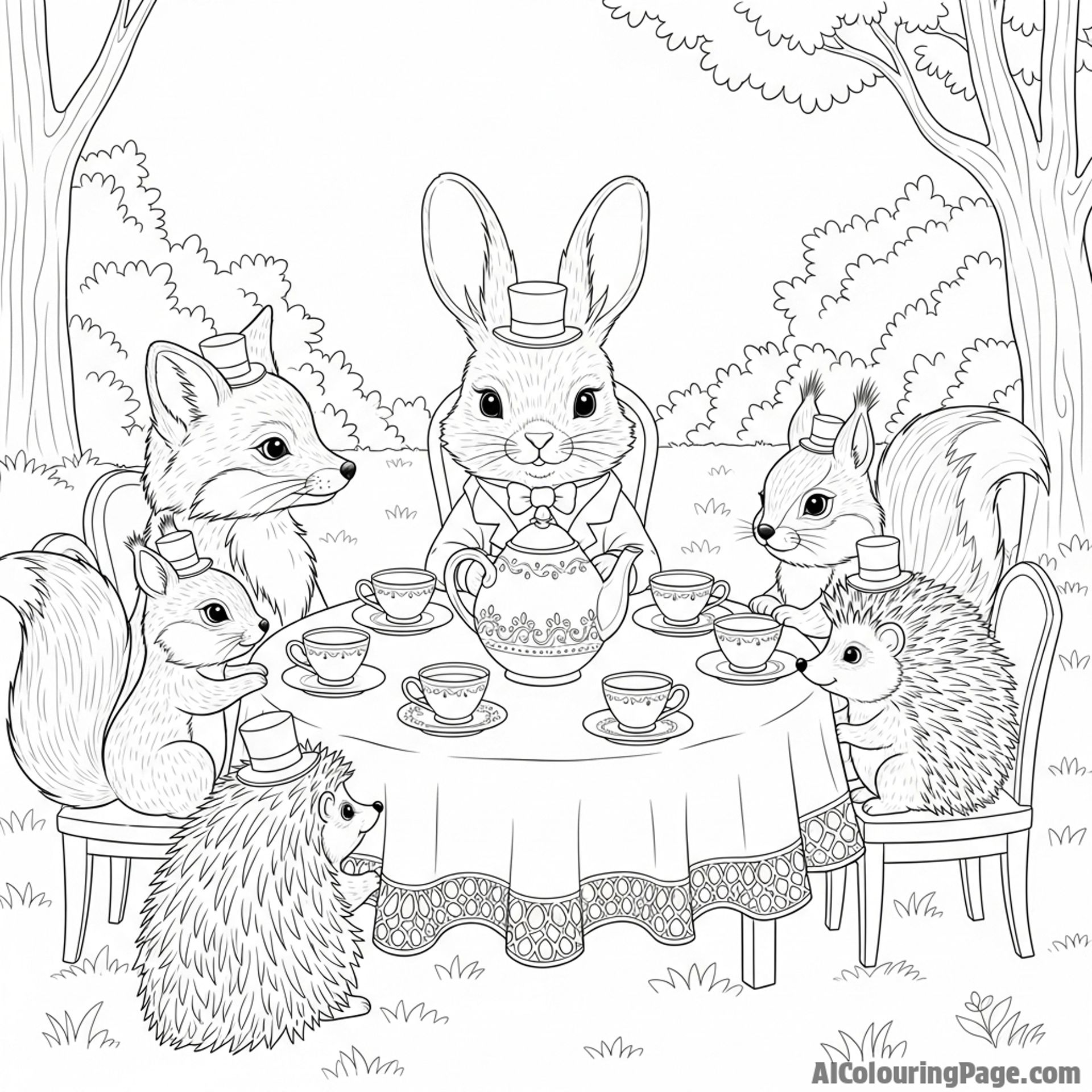 A bunny at a formal tea party with other woodland creatures, all wearing tiny top hats.