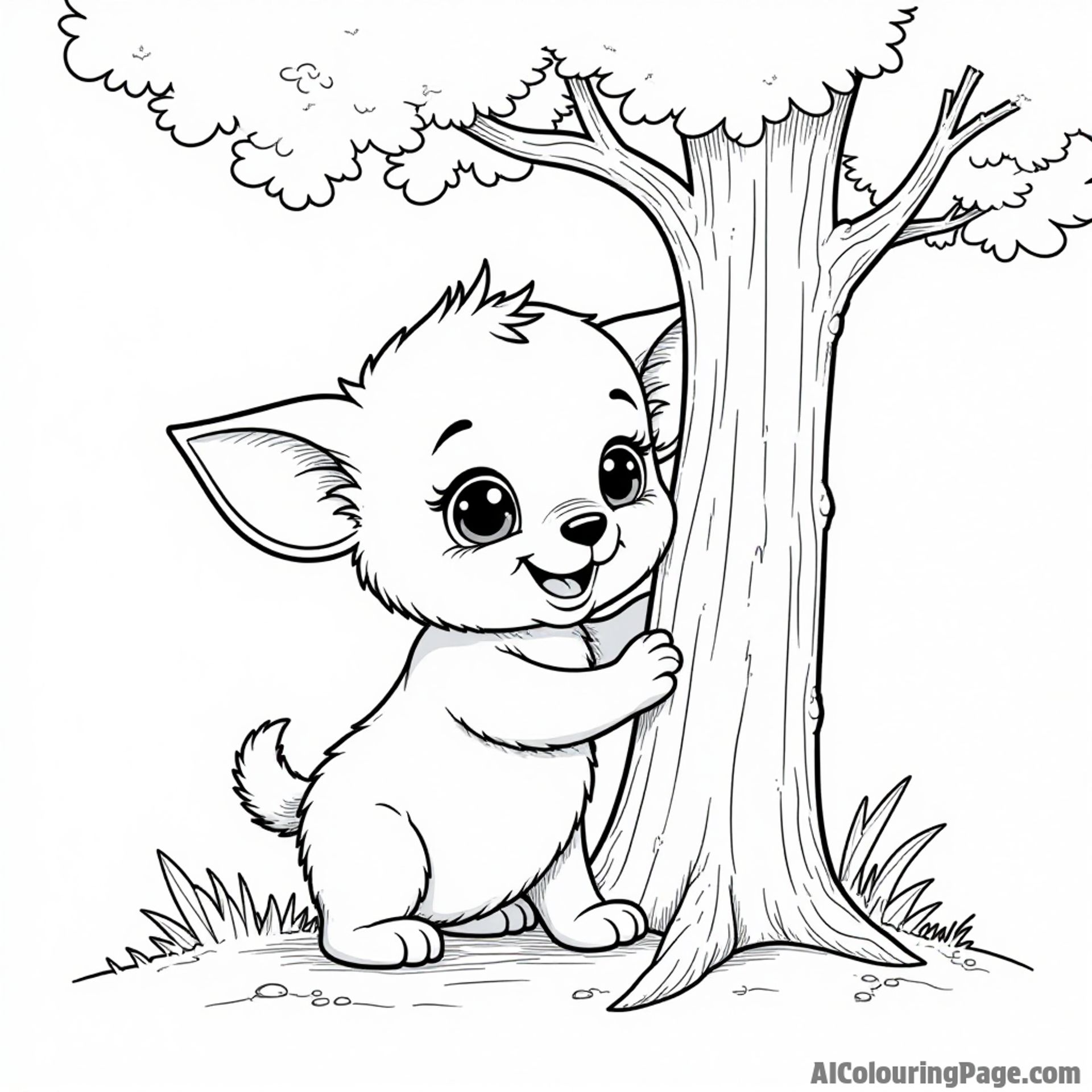 Baby Yoda playing hide and seek behind a tree with a playful puppy