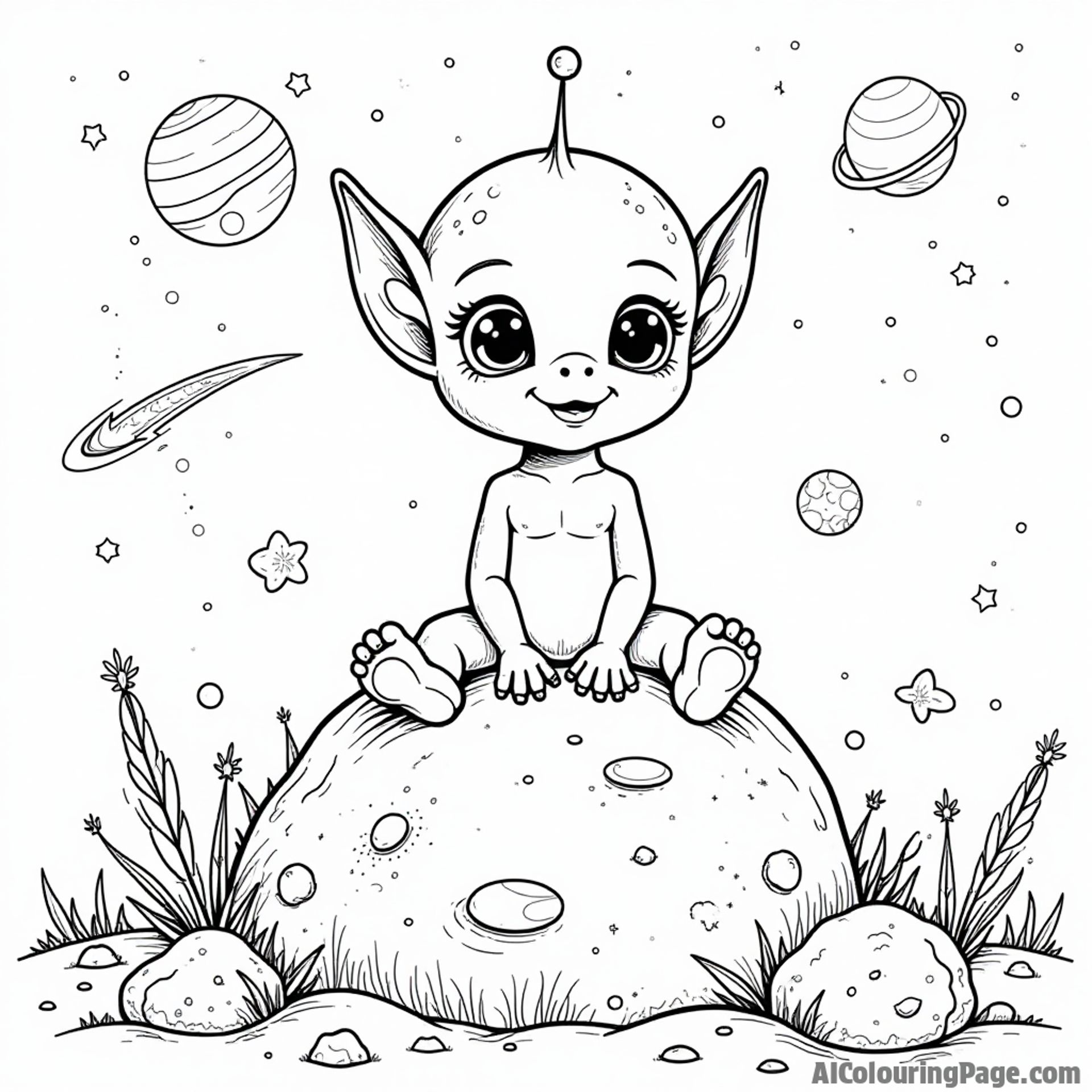 A friendly alien sitting on a colorful asteroid, surrounded by comets and planets, showcasing a playful extraterrestrial landscape.