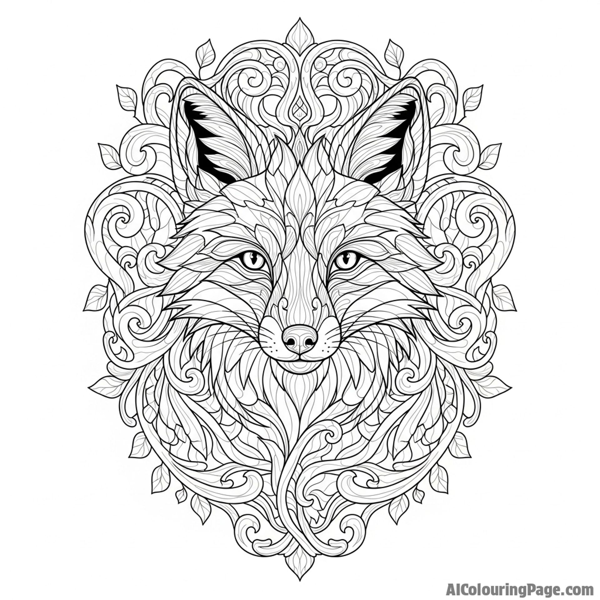A fox face emerging from intricate, swirling patterns in a wood carving.