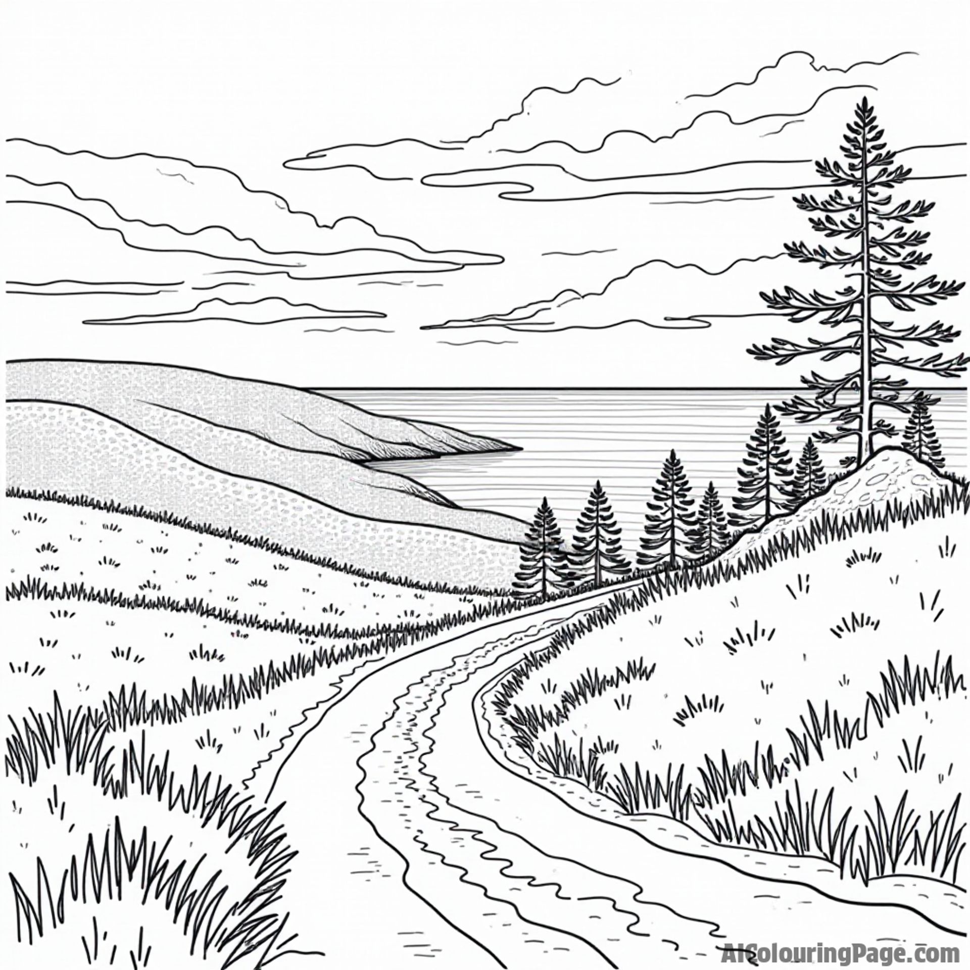 A scenic view of Acadia National Park, featuring rolling hills, a winding path, and a sunset over the ocean in Maine.