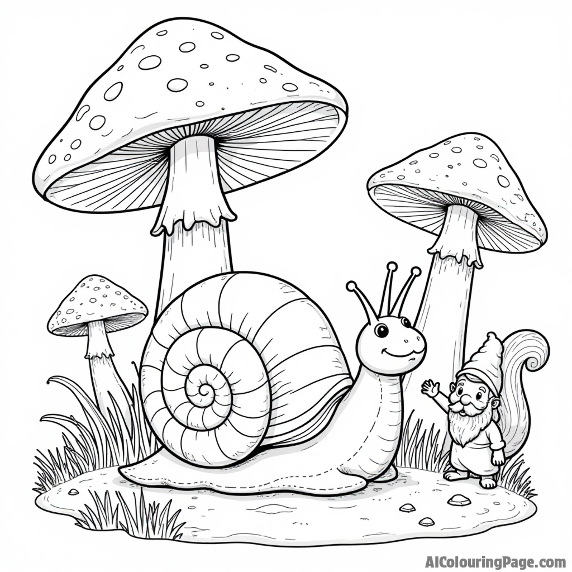 A snail surrounded by giant mushrooms, with a friendly gnome waving and a curious squirrel watching nearby.