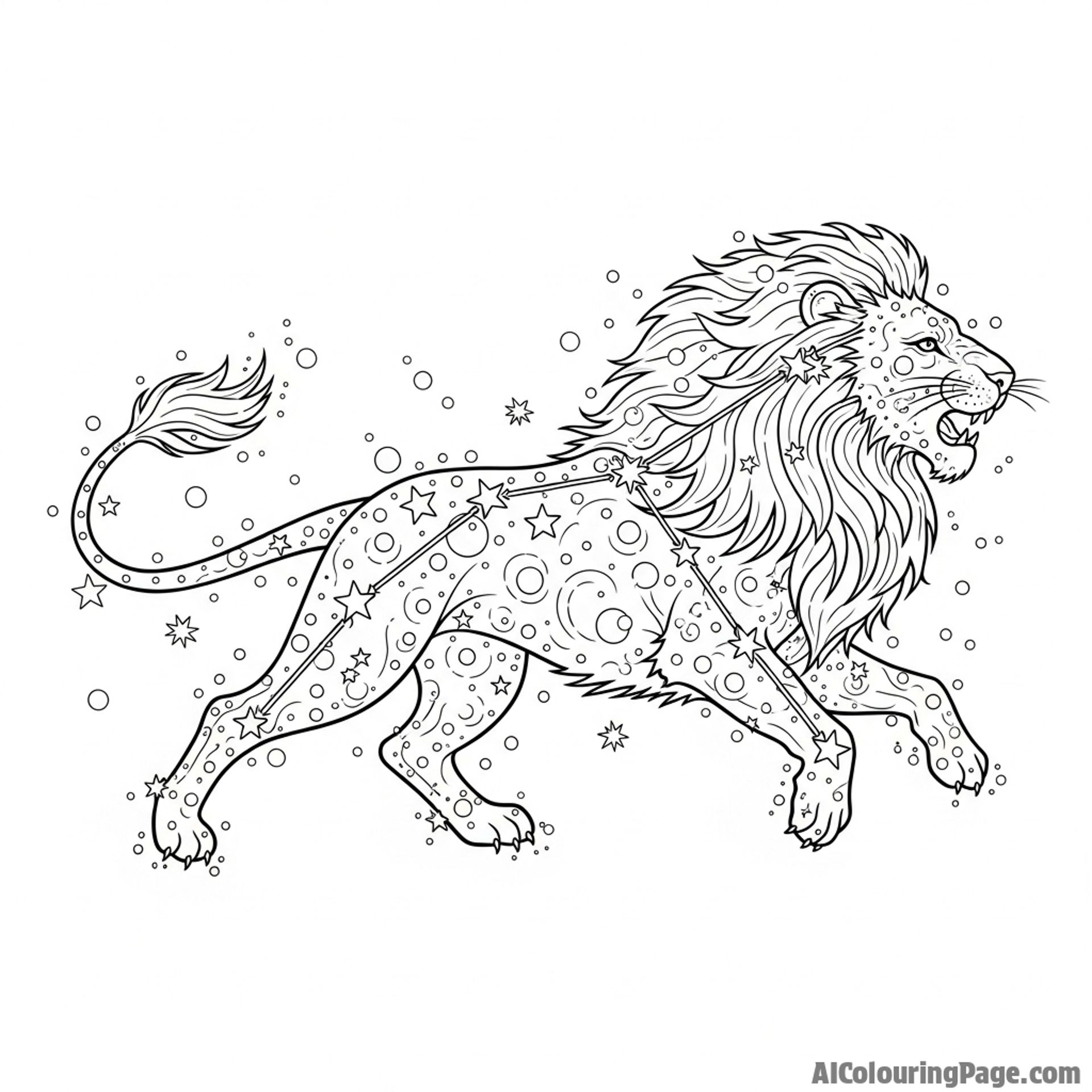 A celestial lion constellation made of shimmering stardust in the vast night sky.