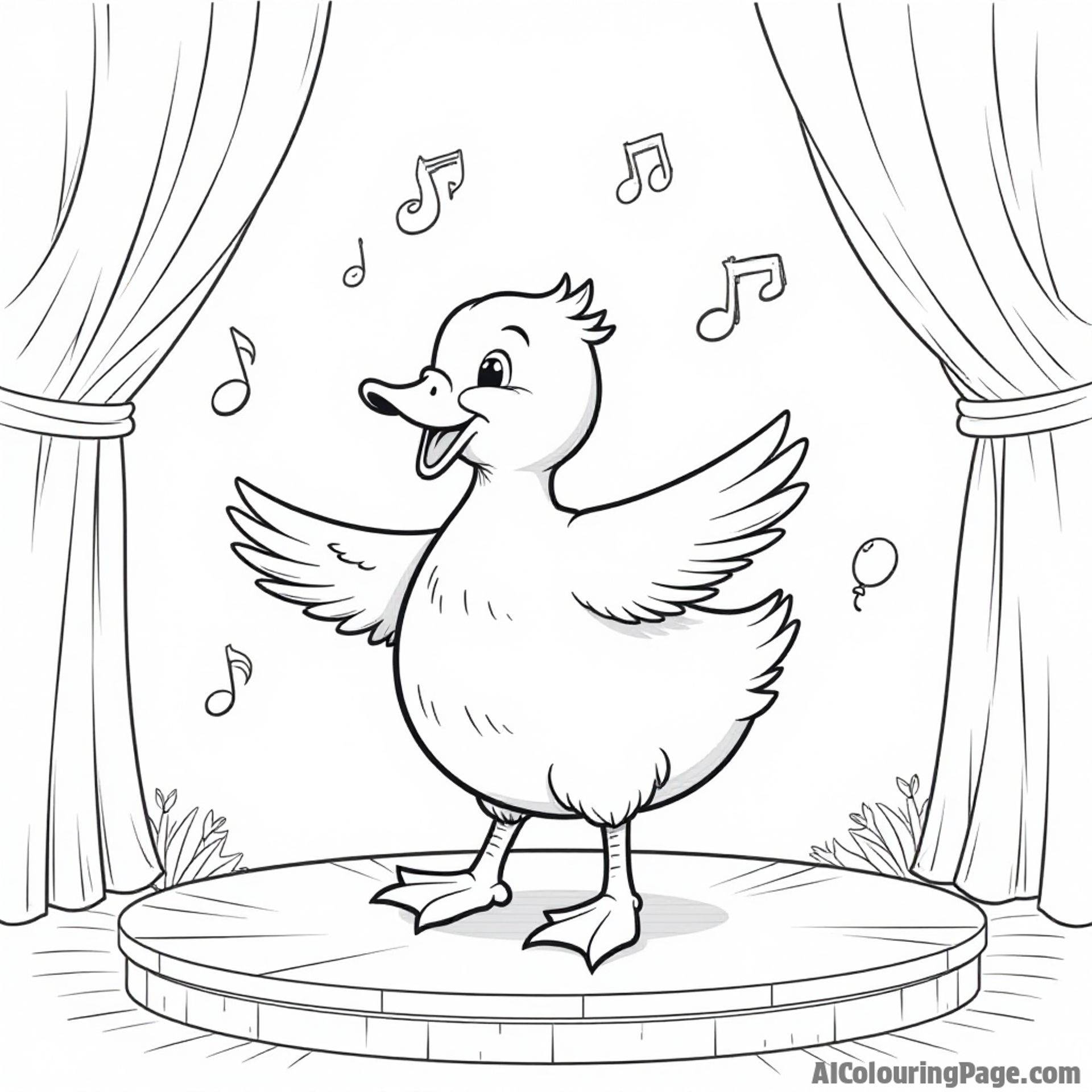 A whimsical duck dancing on a stage with musical notes floating in the air and colorful balloons around it.