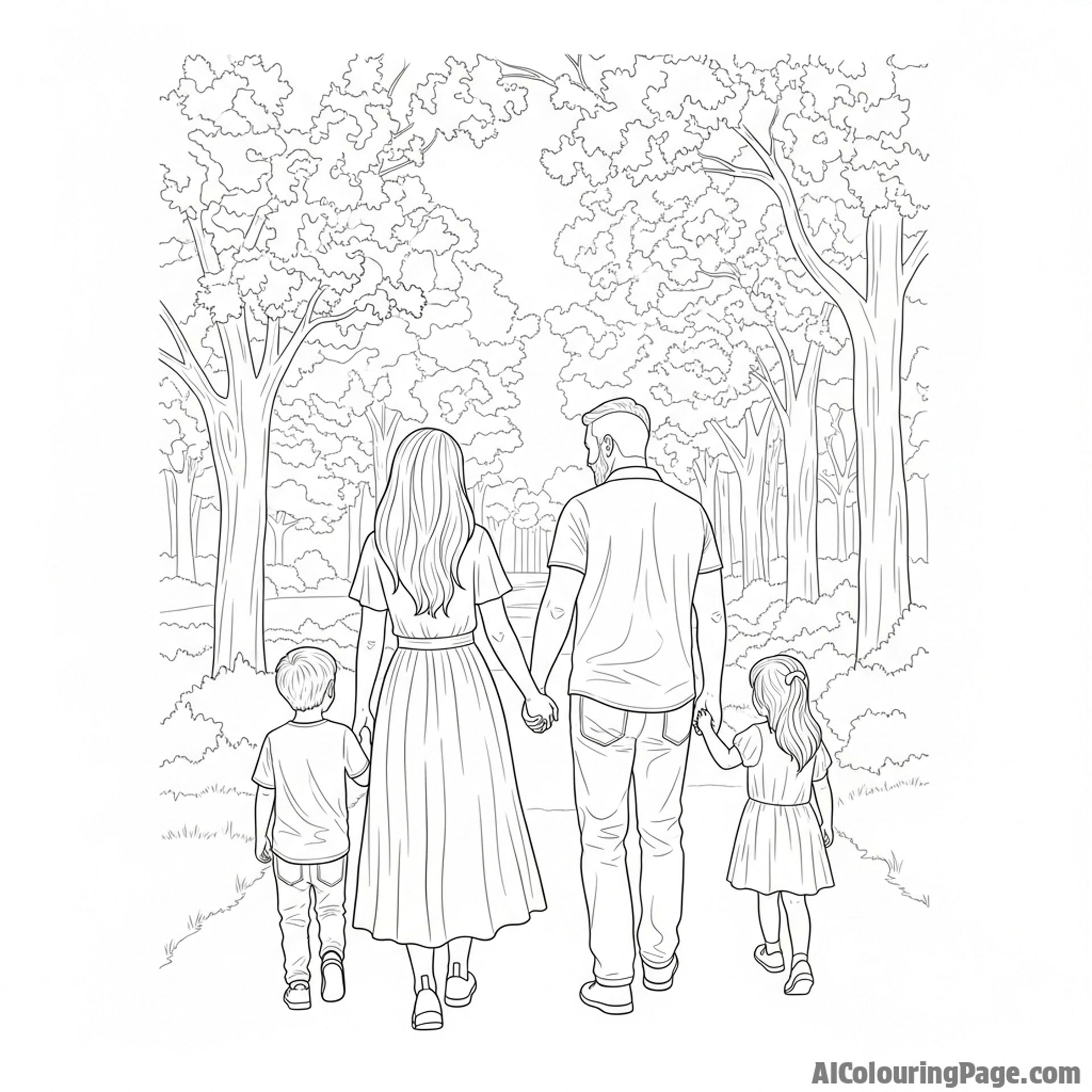 Silhouette of a family walking through a park covered in leaves at twilight.