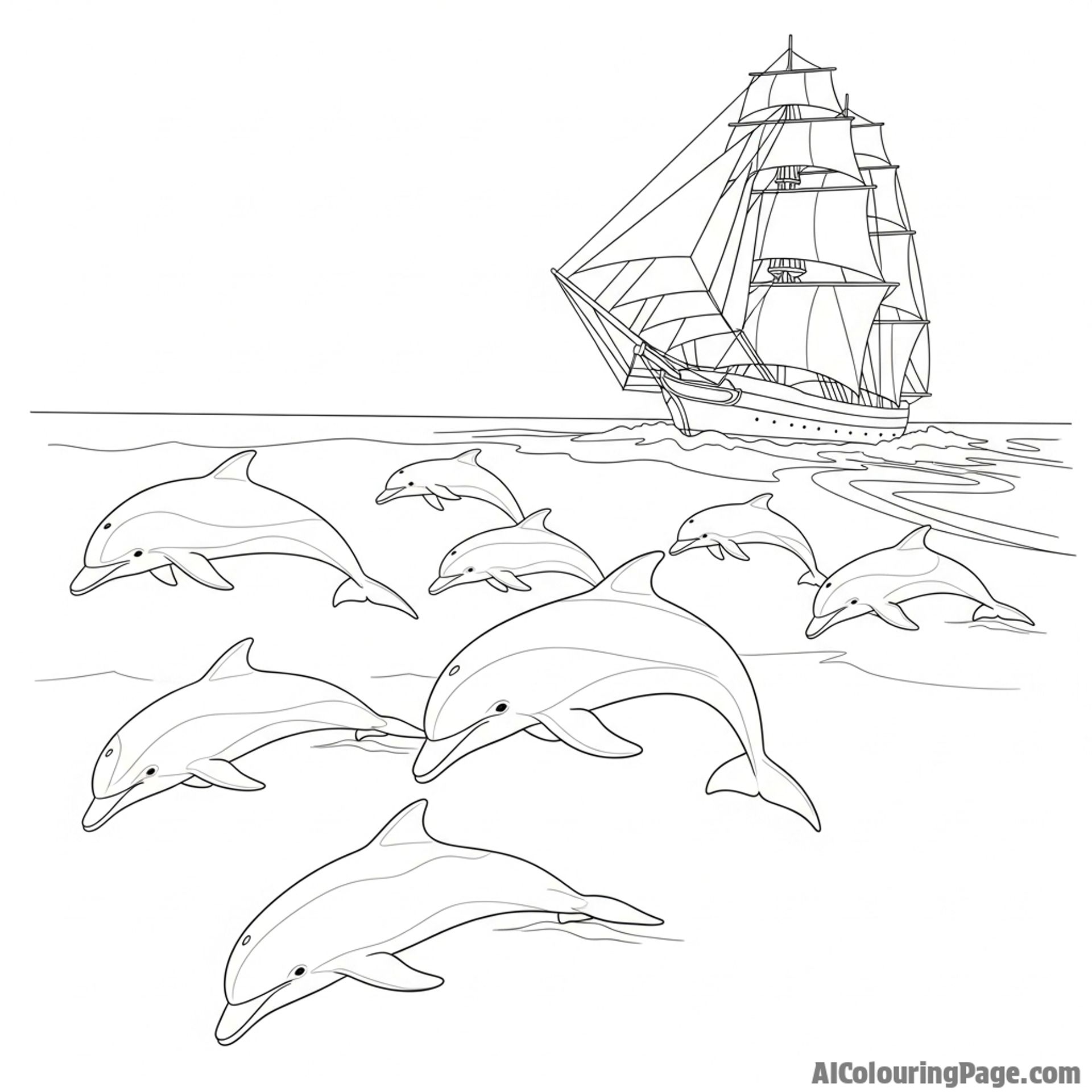 A pod of dolphins bow-riding in the wake of a large sailing vessel.