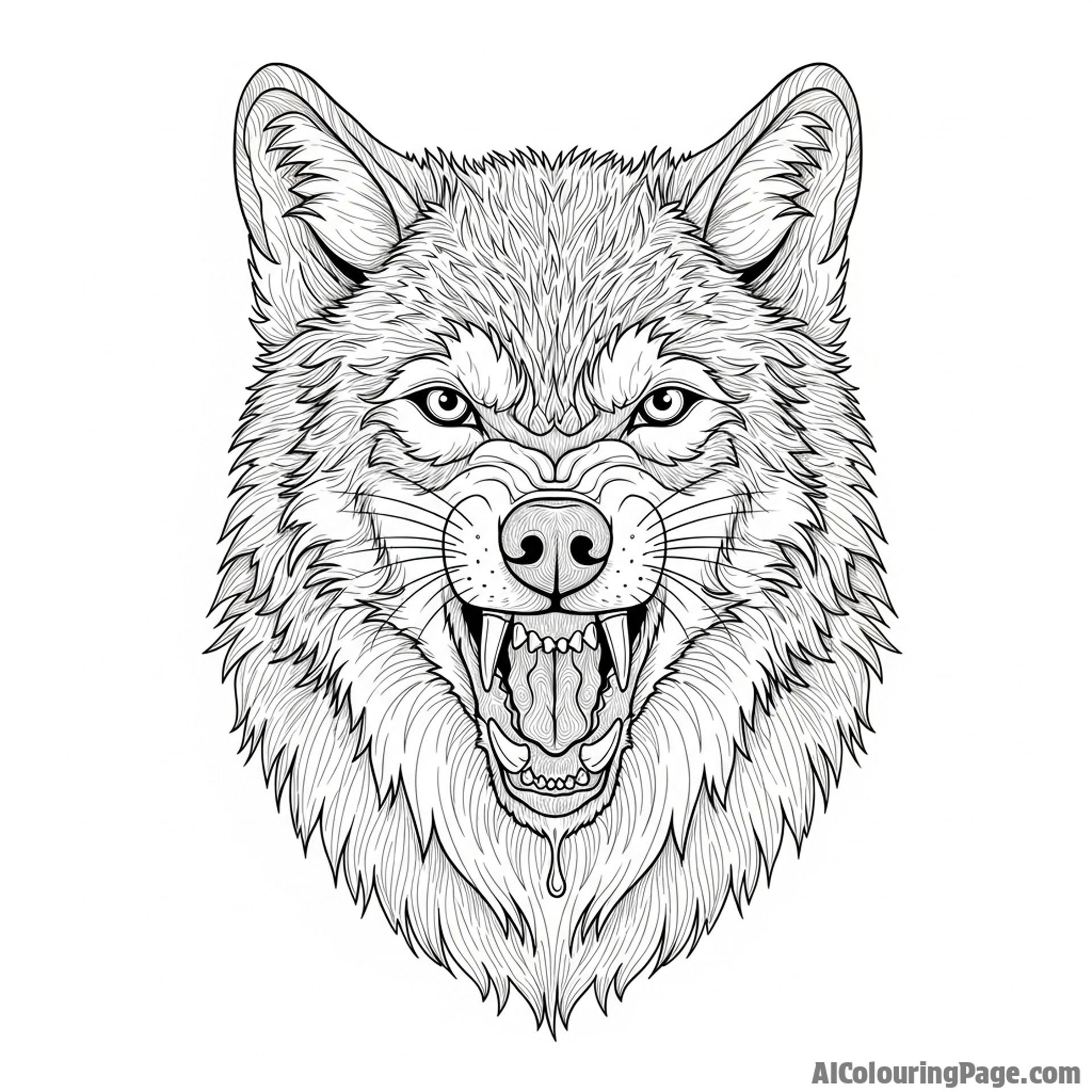 A hyper-realistic portrait of a wolf baring its fangs, capturing every strand of fur and the wetness of its snout.