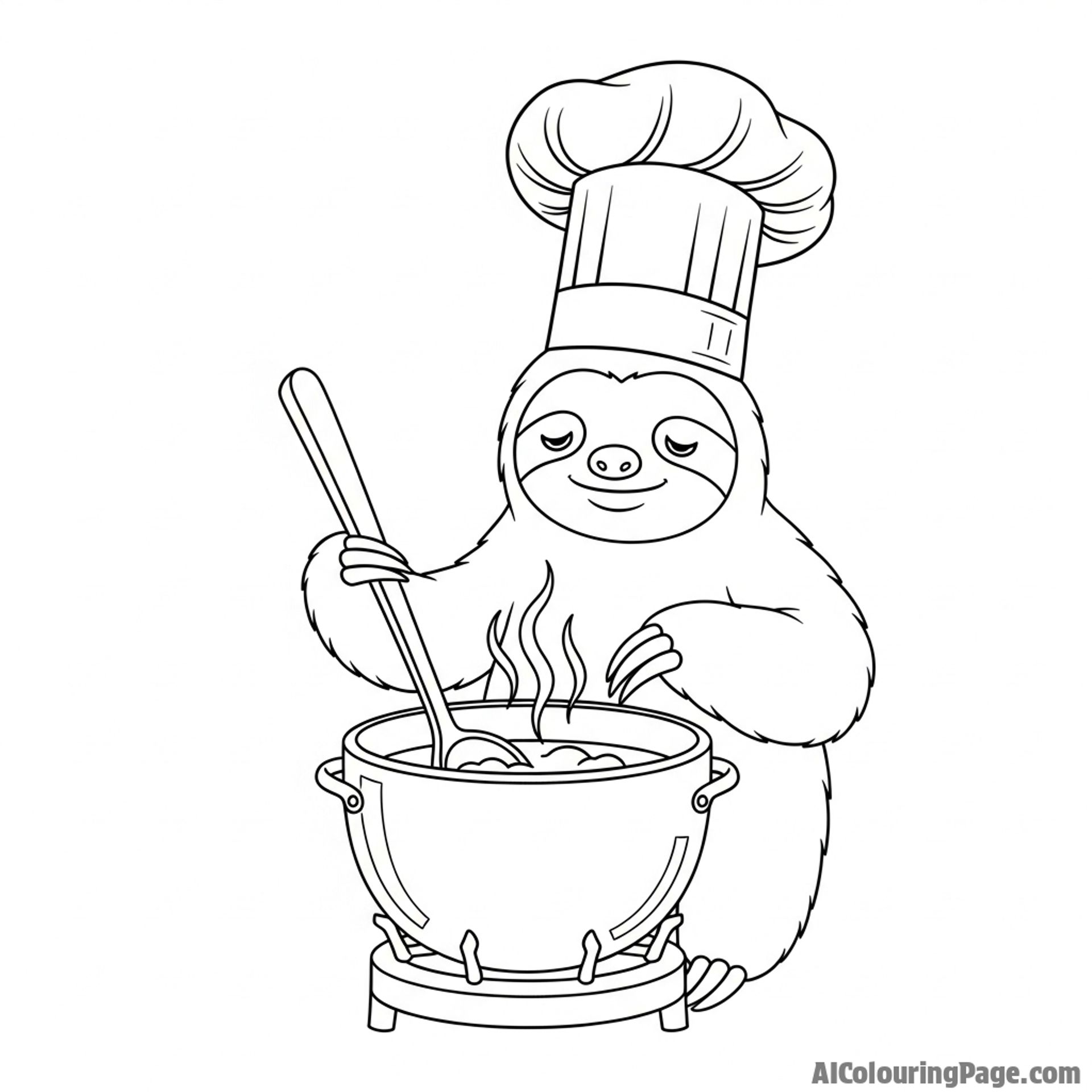 A sloth chef in a tall hat, very slowly stirring a large pot.