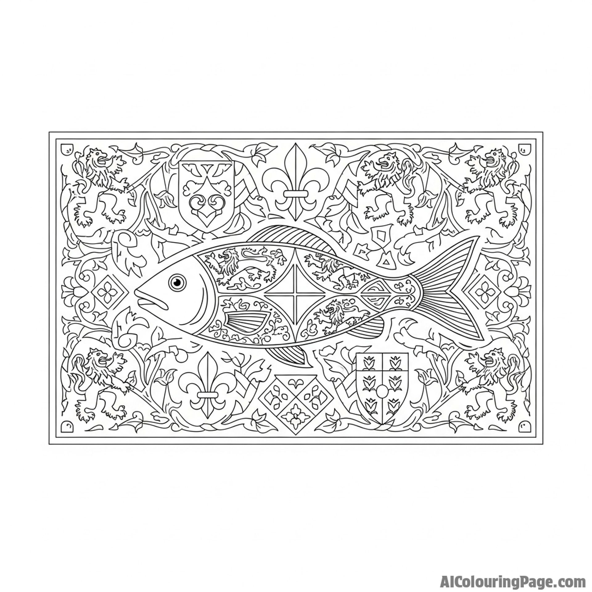 A fish woven into an intricate medieval tapestry.