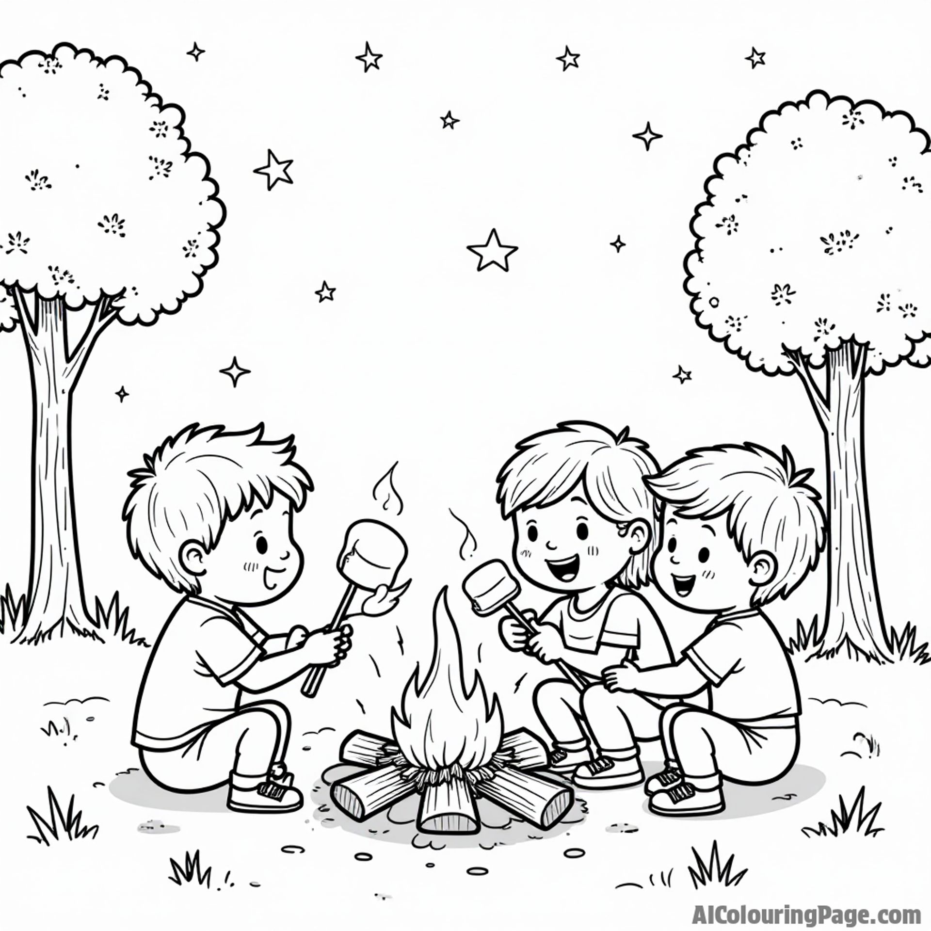A playful scene of kids roasting marshmallows by a campfire, with Texas trees and stars above for delightful coloring inspiration.