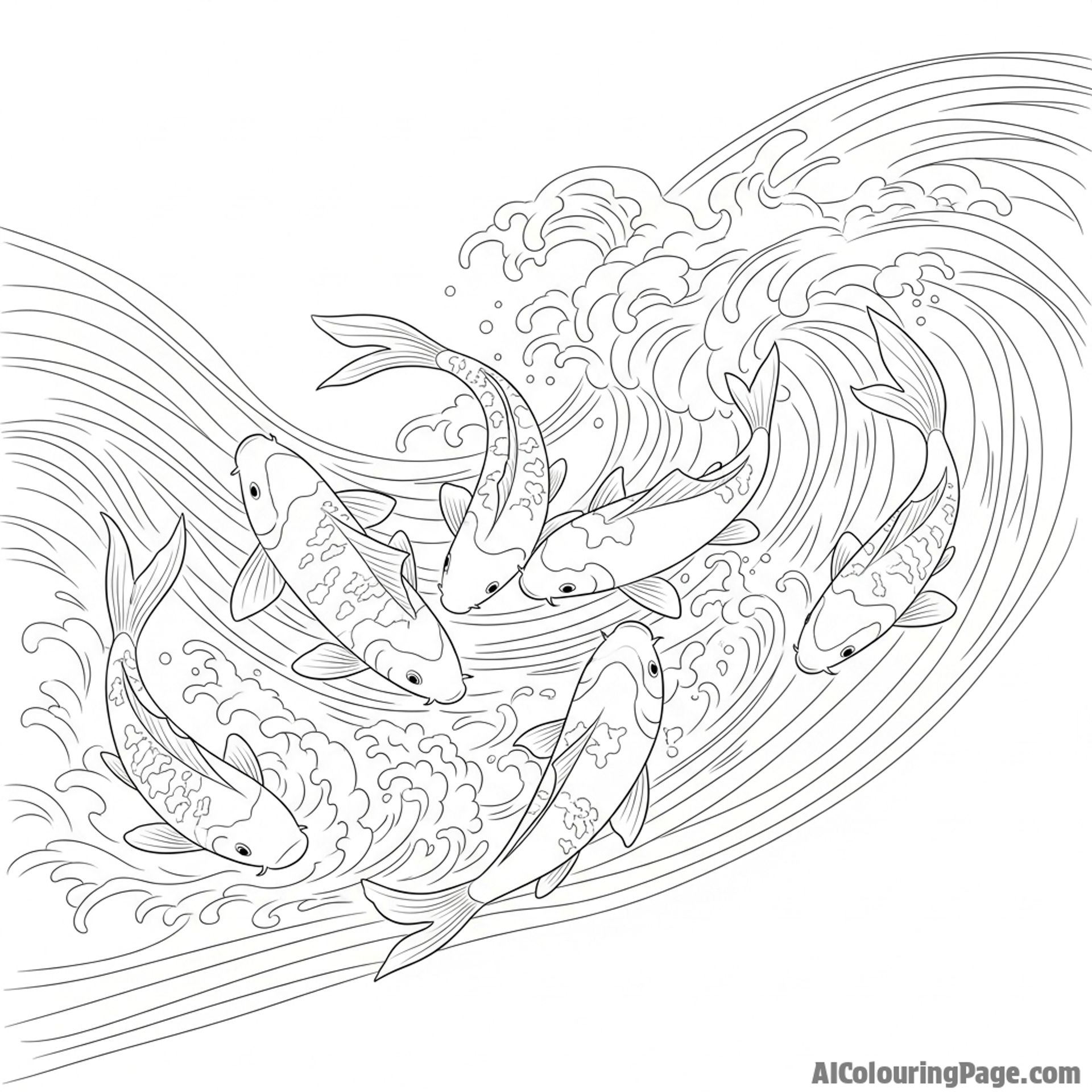 Sumi-e ink wash painting of a school of koi swimming against a powerful current.