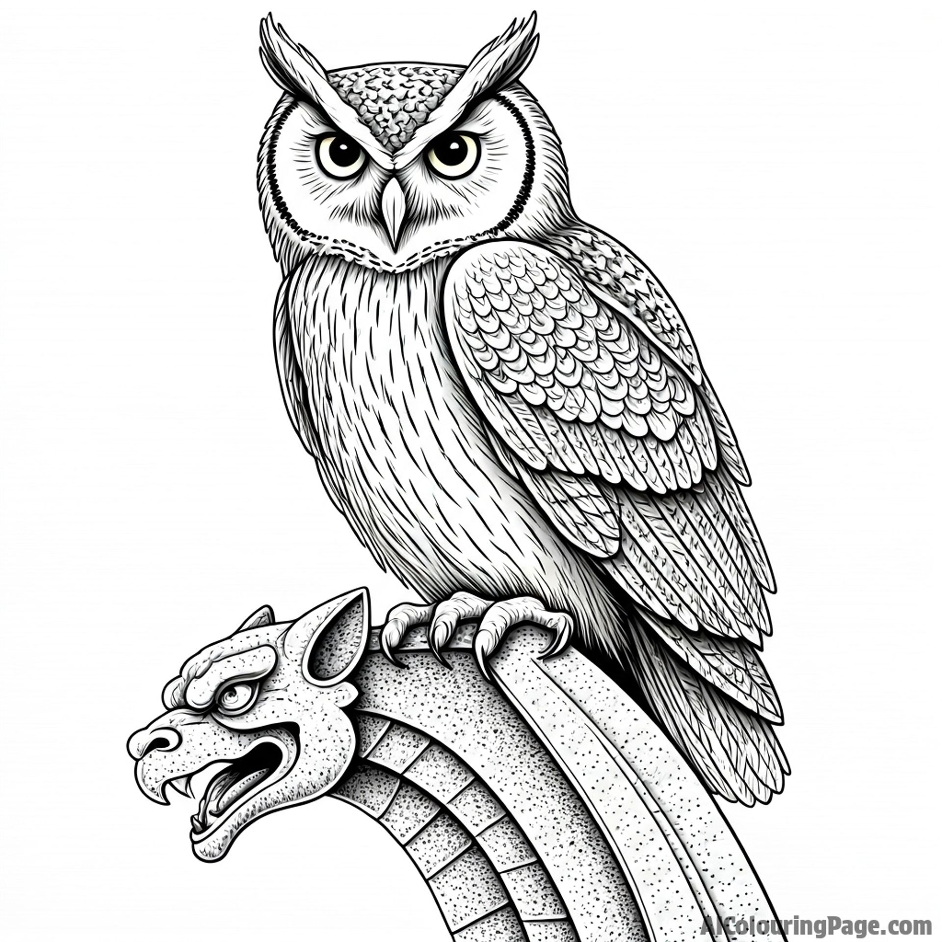 An owl perched on a gothic gargoyle, moonlight illuminating its feathers.