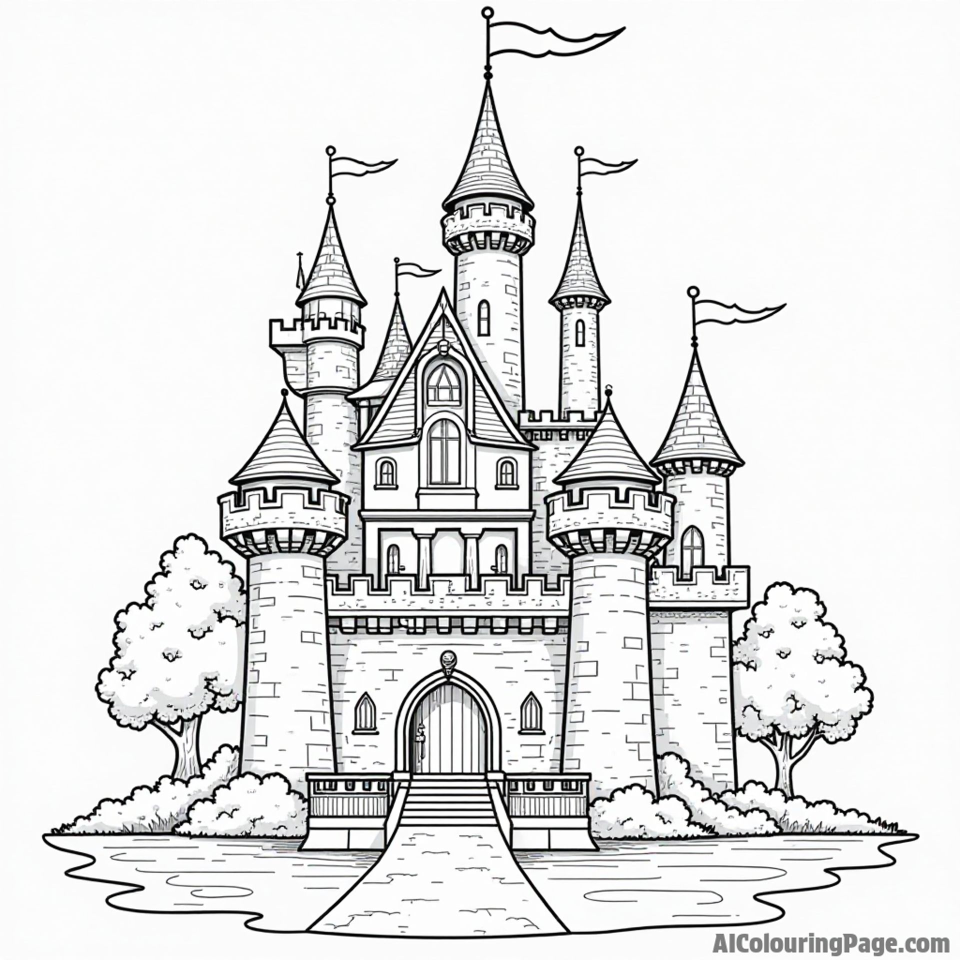 A charming castle with tall towers and a moat, adorned with flags and surrounded by trees, perfect for a fairy tale.