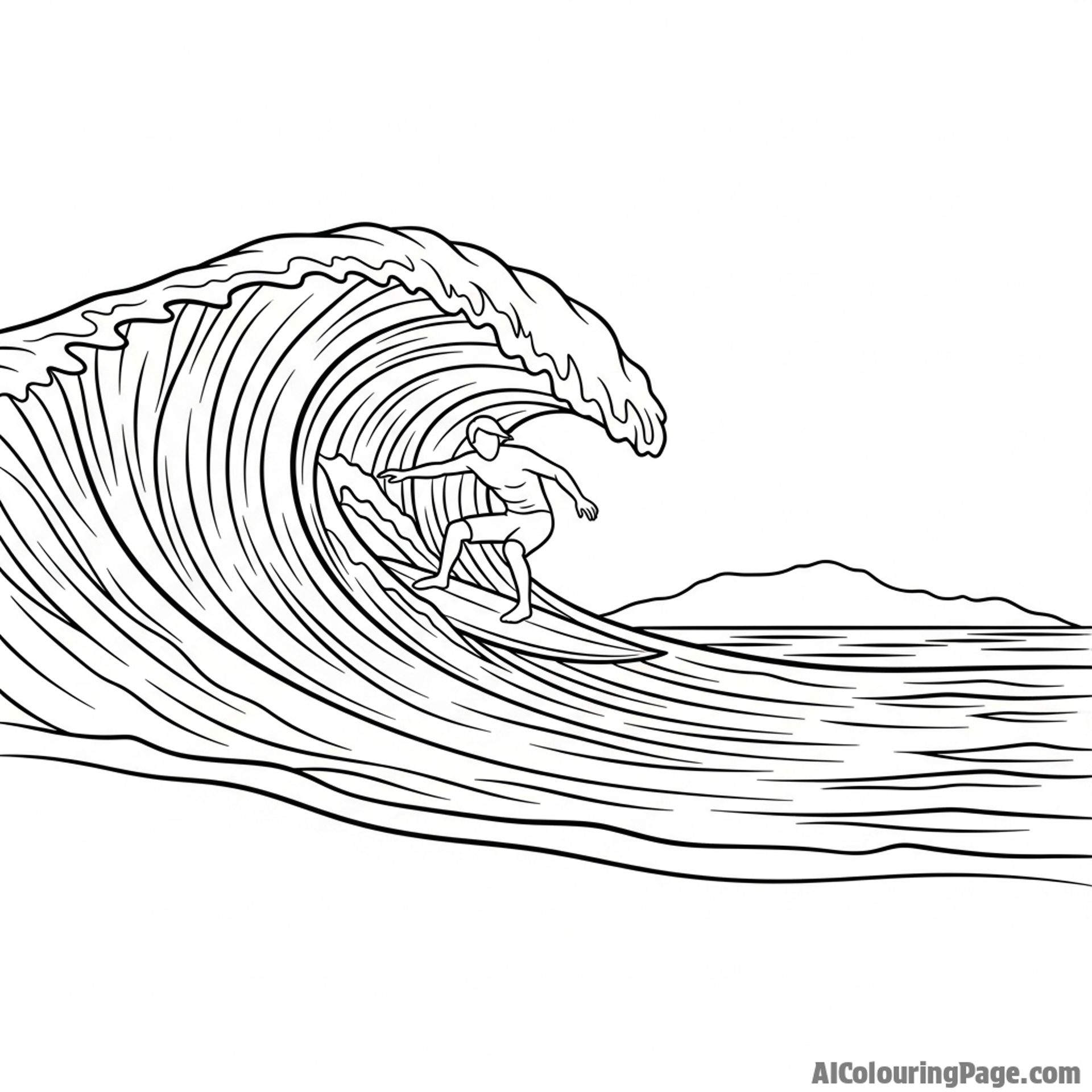 A surfer riding a large wave near the island shore.