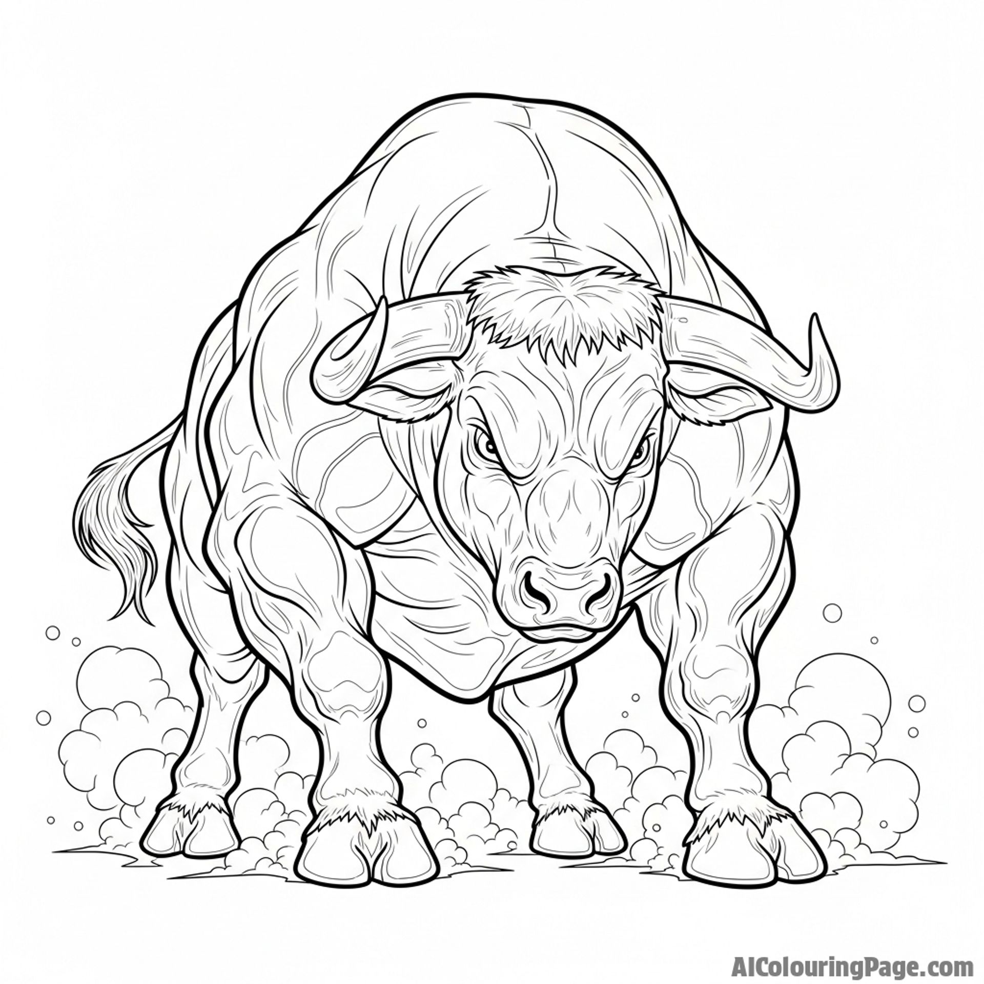A powerful bull, muscles tensed, dust rising from its hooves