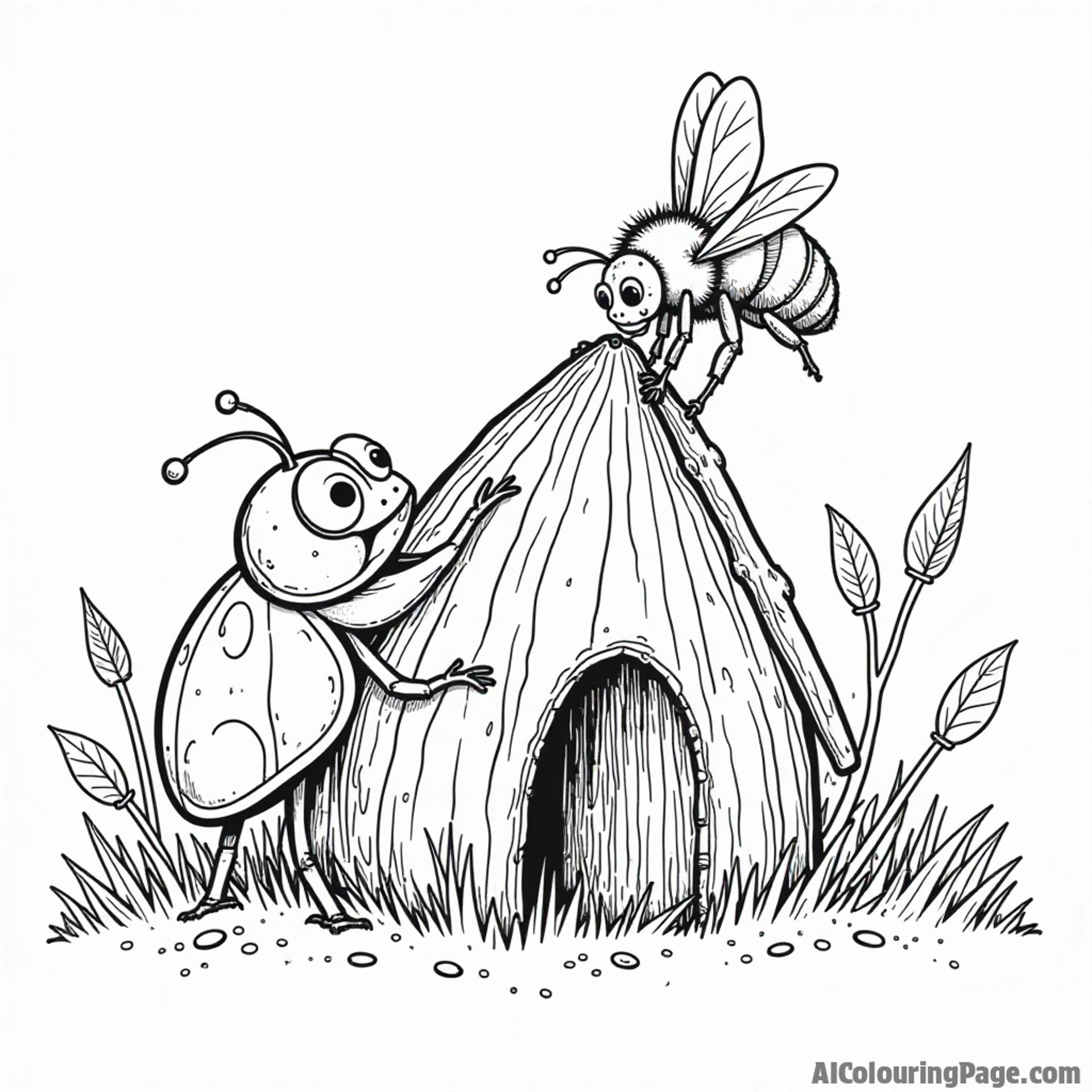 A ladybug and a bumblebee working together to build a tiny house made of twigs and leaves in the grass.