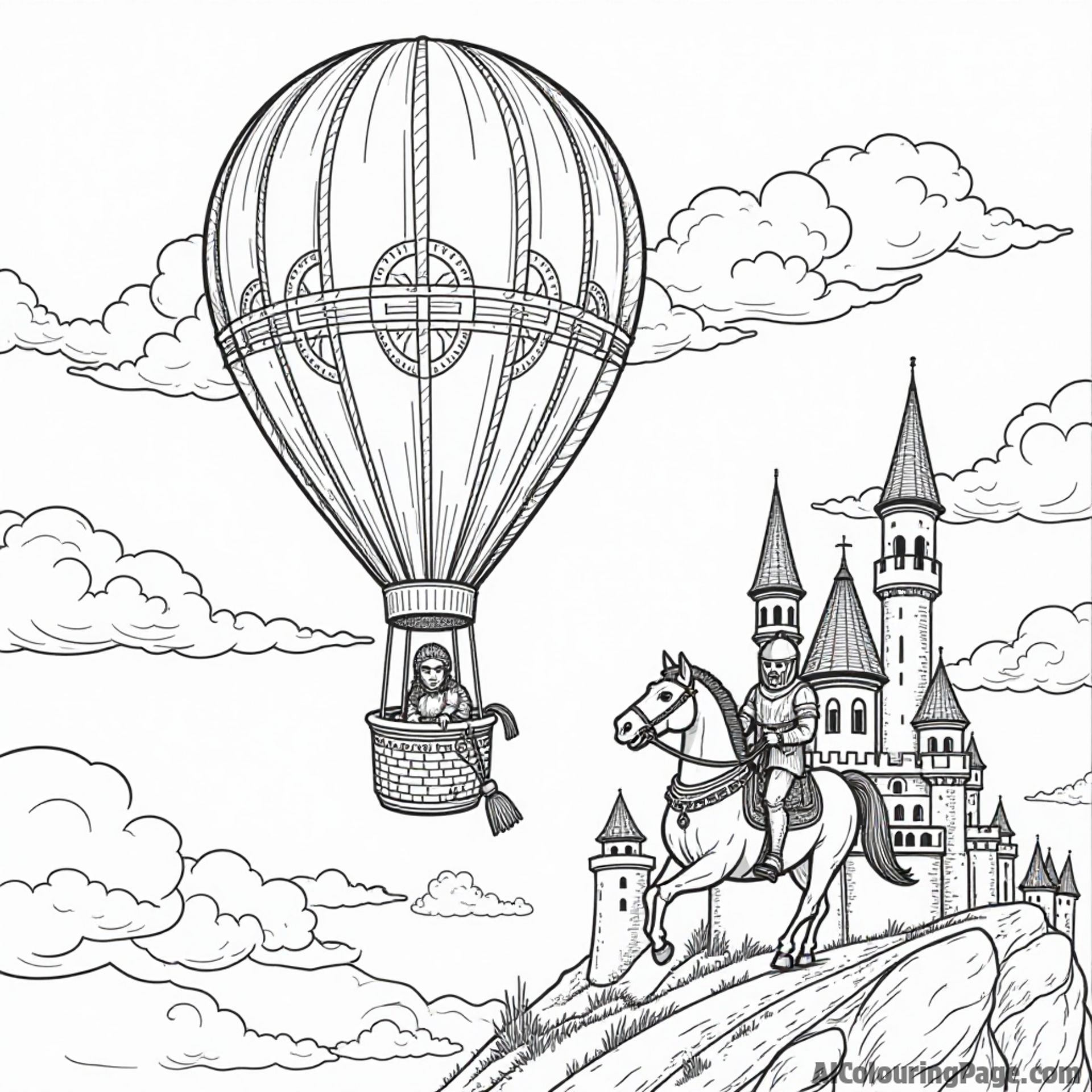 A historic hot air balloon with intricate patterns, drifting over a castle, accompanied by a brave knight on a horse, all designed for young explorers to color.