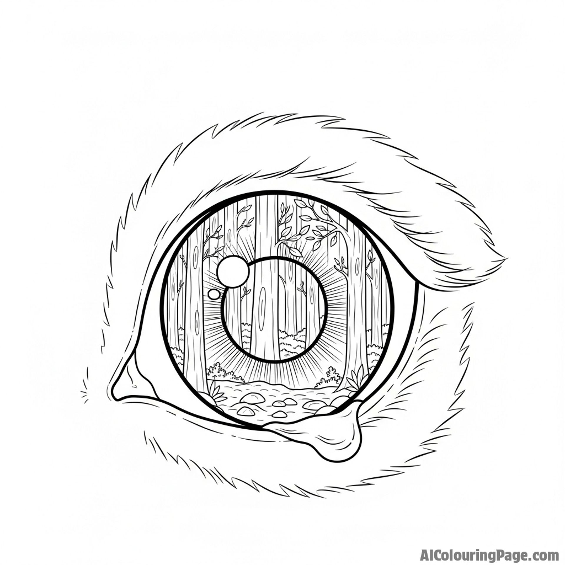 A close-up of a bunny's expressive eye, reflecting a dense forest scene.