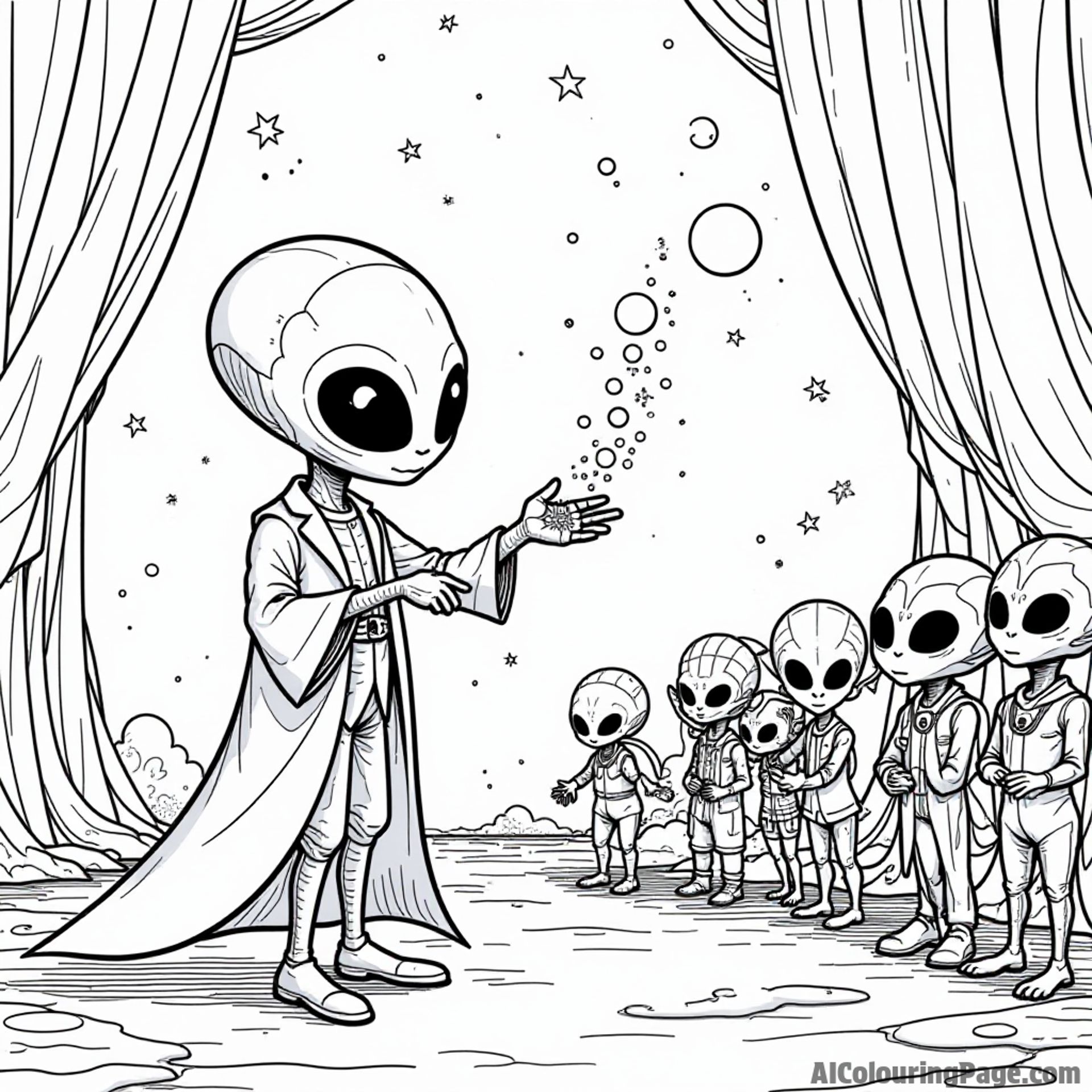 An alien magician performing tricks for an audience of excited aliens in a cosmic theater, inspiring creativity and fun.