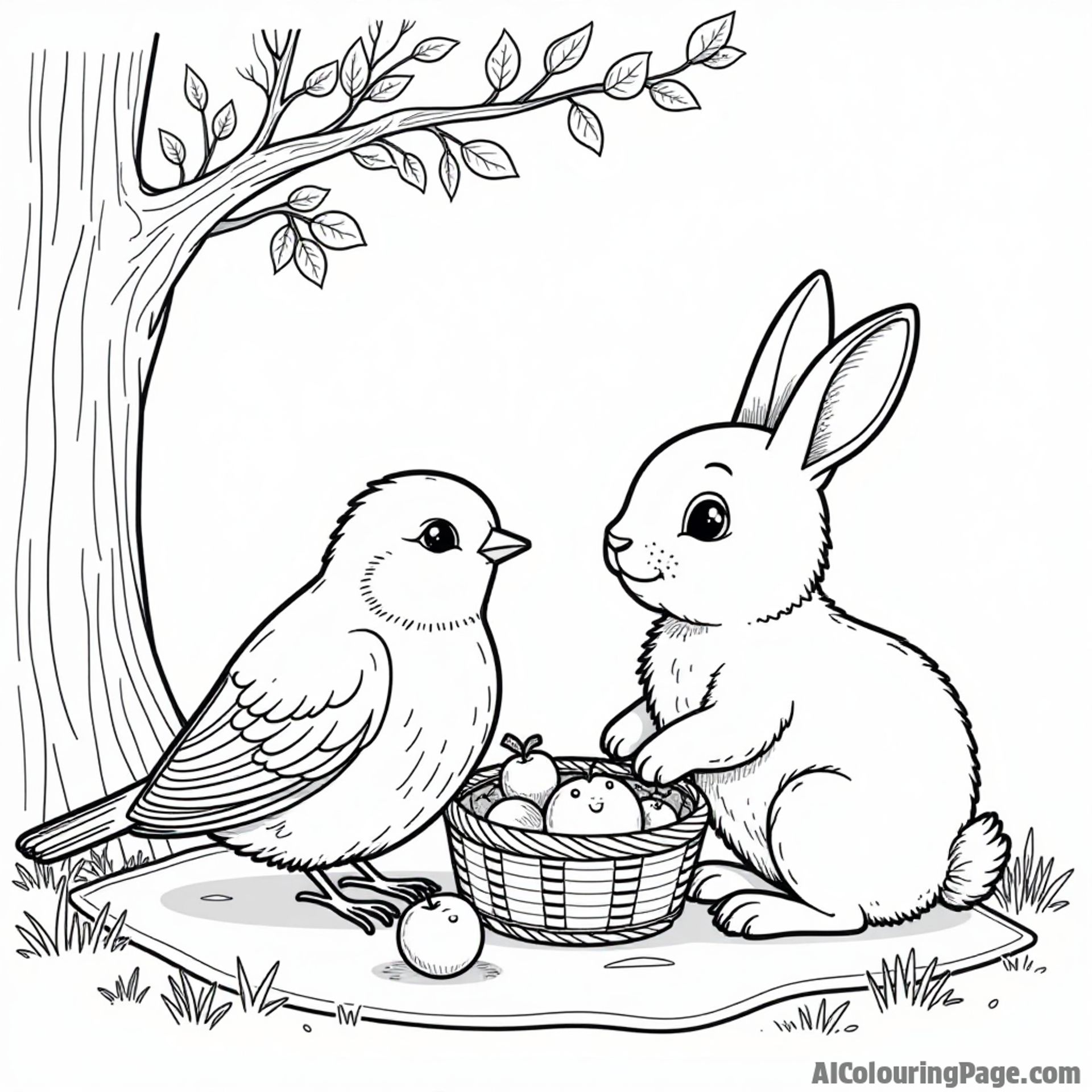 A robin and a friendly rabbit sharing a picnic under a tree, with a basket of treats and colorful fruits, for coloring.